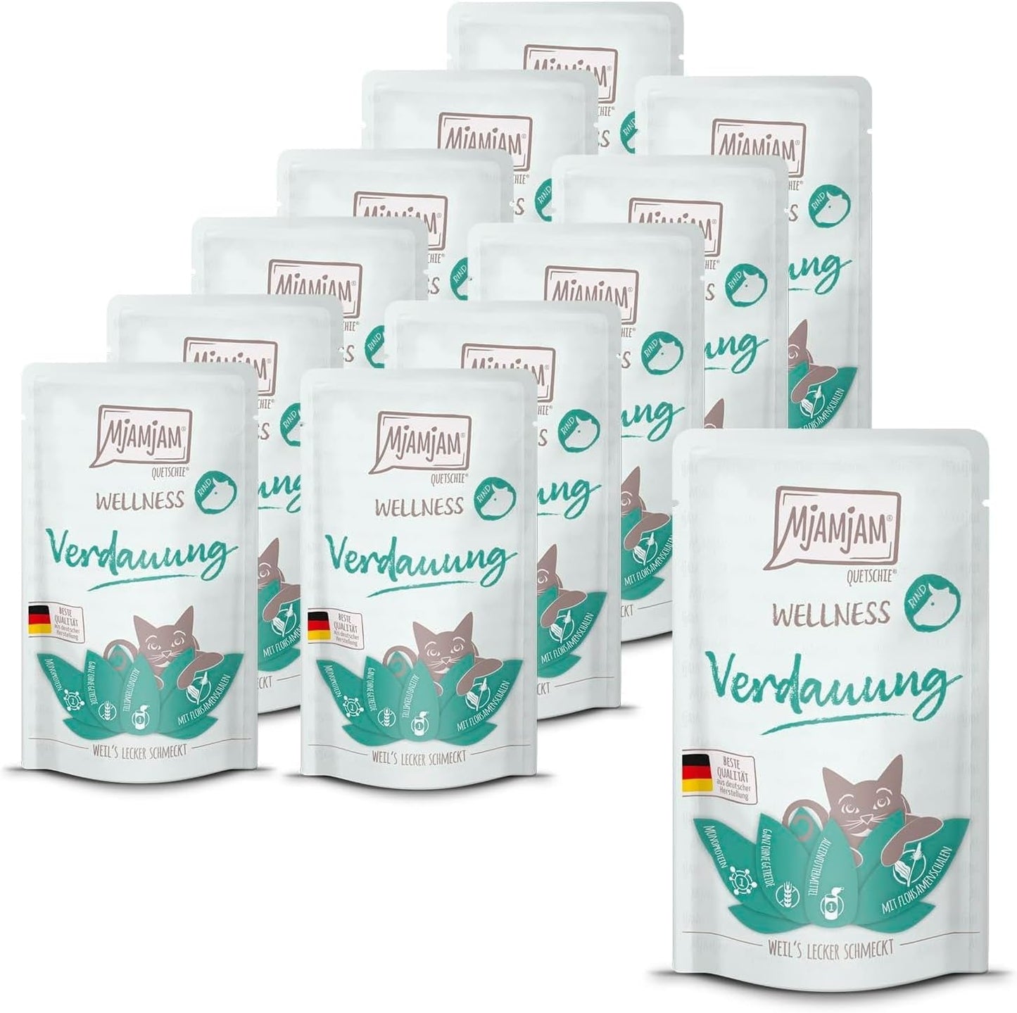 MjAMjAM - Cibo umido premium per gatti - Benessere - Digestivo - Manzo, Confezione da 12 (12 x 125g), Senza Cereali