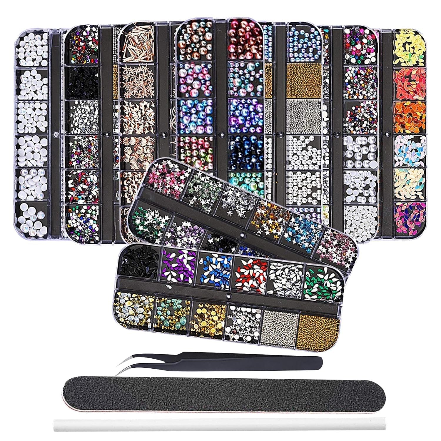 EBANKU Nail Art Strass Kit Multi Design Zubehör Mit 1 Pinzetten 1 Stück Wachsstifte Deko Diamondn Kristalle Perlen Edelsteine ​​​​Bunt Pferdeaugen Strass Metall Nieten Für Nagel DIY (1 Stück (10Er Pack))