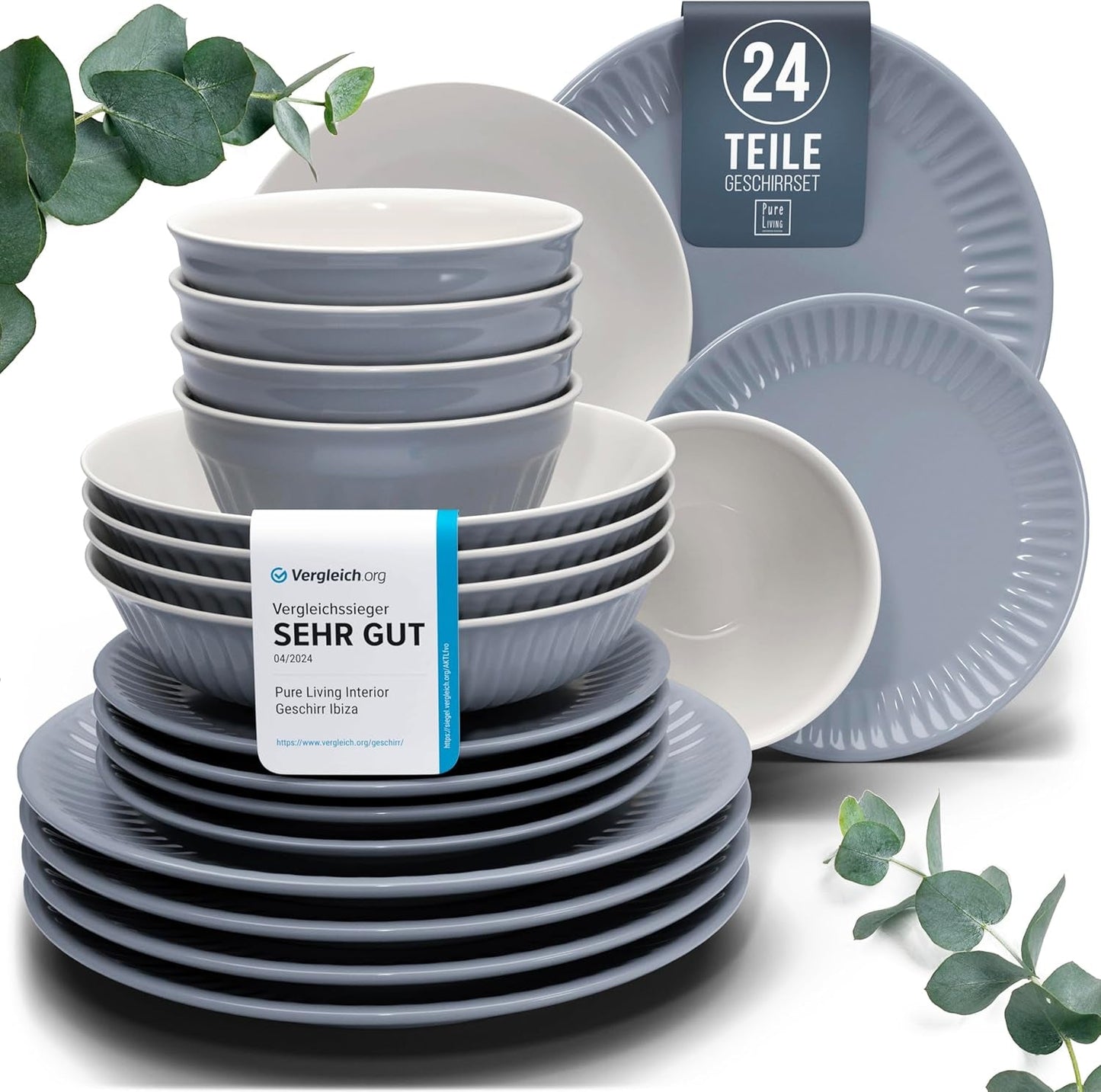 Servizio tavola in ceramica per 6, Hygge, 24 pezzi. VINCITORE DEL TEST Set di stoviglie e piatti in gres scandinavo da sogno, servizio da tavola per 6 set di stoviglie Pure Living in grigio blu