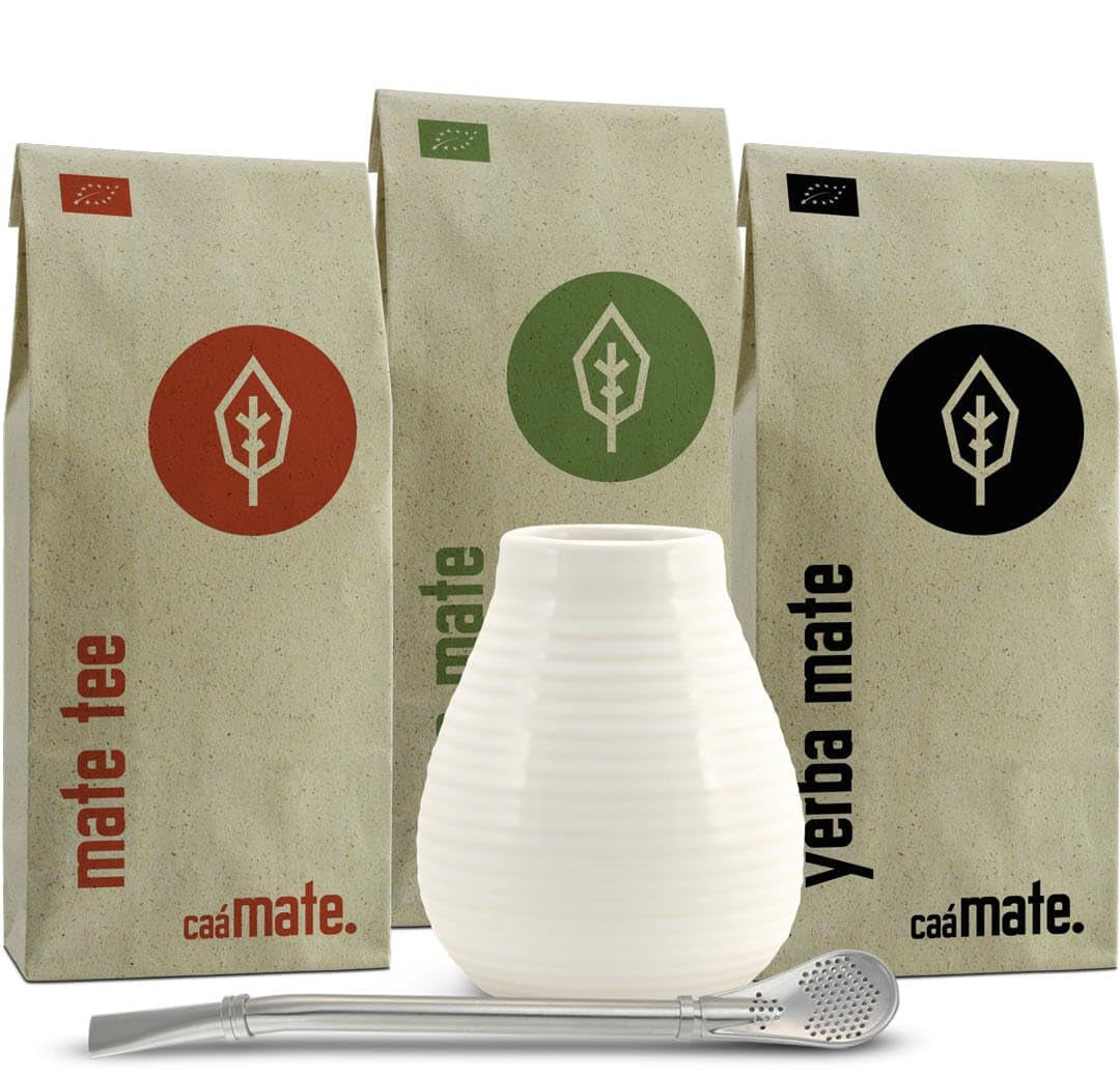Set da tè Ceramic Mate ● 3 varietà di Mate BIO + tazza Mate + Bombilla + istruzioni per la preparazione (Vintage)