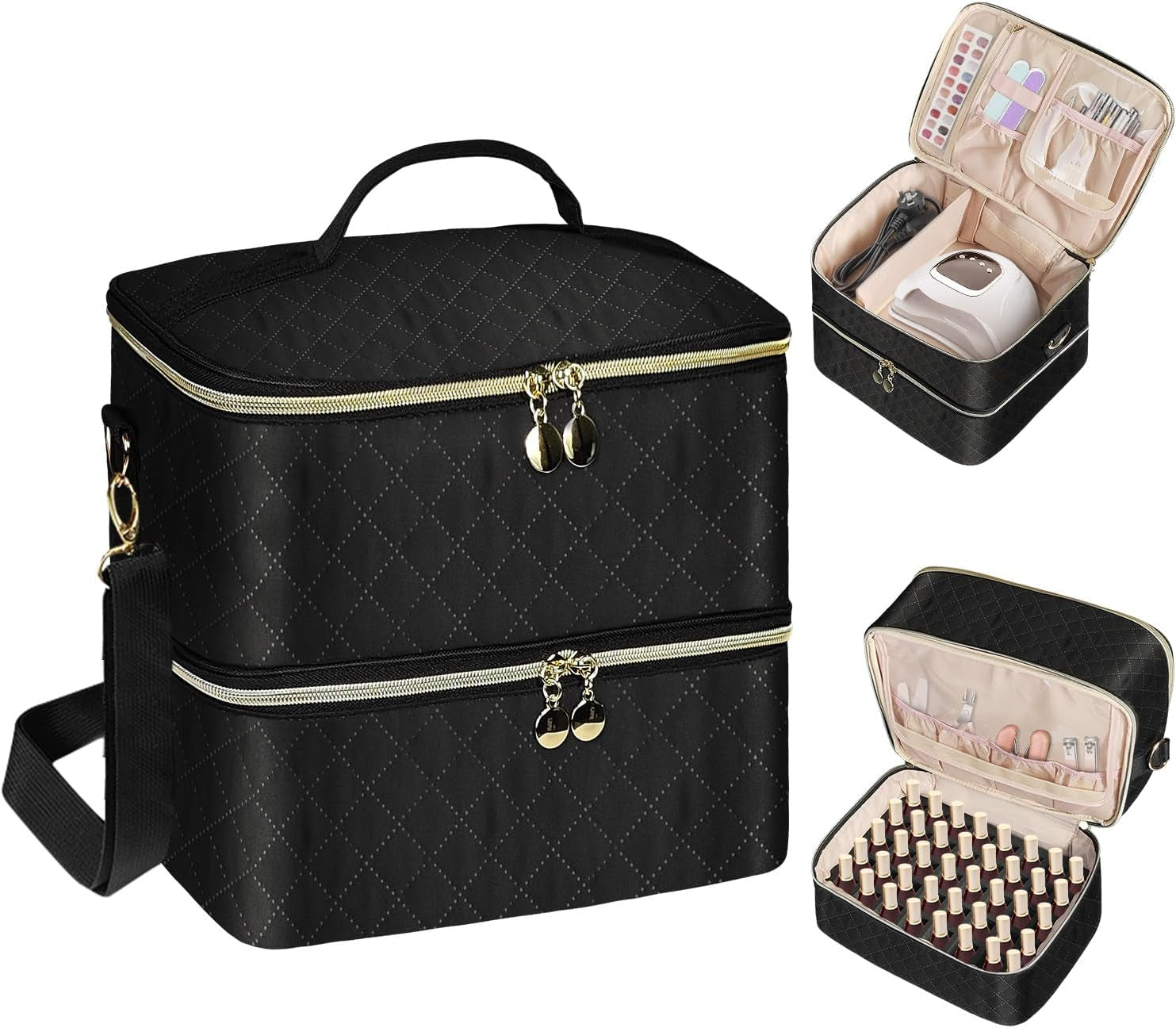 Tasche organizer per smalto per unghie, scatola portaoggetti per smalto per unghie doppia, borsa organizer per cosmetici per design cosmetico per 30 bottiglie di base Neonail (15 ml-0,5 fl.oz) e 1 lampada per unghie (nero)