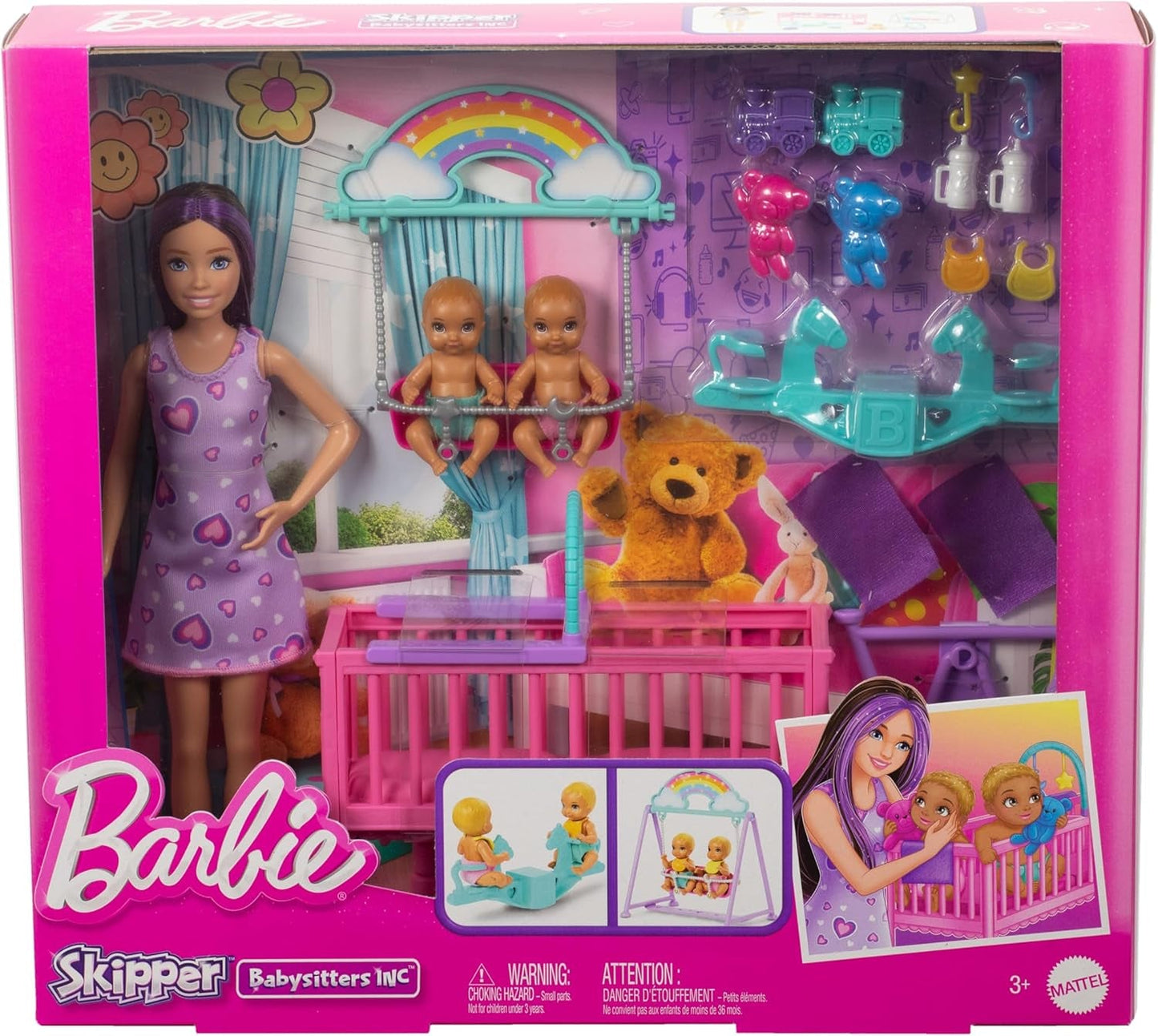 Barbie Skipper bambola e casetta con accessori, include bambole gemelle, 1 culla, 1 altalena, 1 dondolo e altro, HXM99