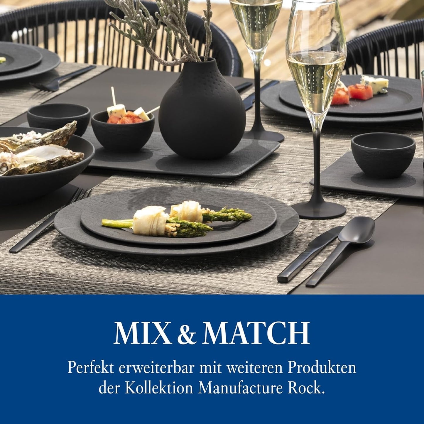 Villeroy & Boch Manufacture Rock Set Starter, 6 Pezzi, Nero, Lavabile in Lavastoviglie, Adatto al Microonde, Set Piatti Nero Opaco, Stoviglie, Posate, Porcellana Premium