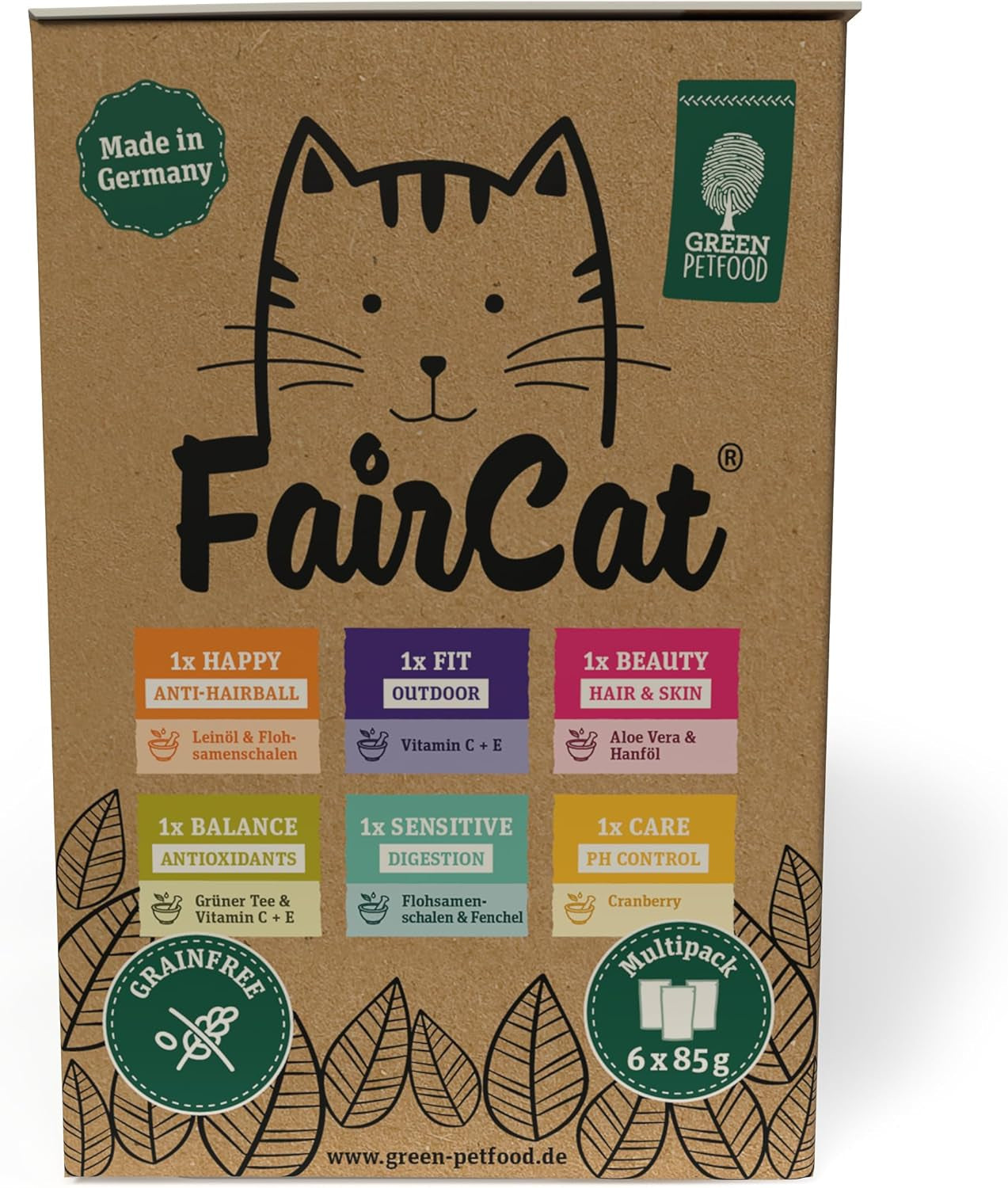 Green Petfood FairCat Confezione multipla (6 x 85 g) | Adulto | Cibo umido premium per gatti adulti 6 verschiedenen leckere Sorten im Multipack | getreidefrei | Katzenfutter nass | Confezione da 6