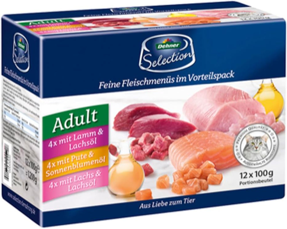 Dehner Premium Cibo umido per gatti, confezione multipla, gatti adulti, 4 pezzi ciascuno: agnello/tacchino/salmone, 12 sacchetti x 100 g (1,2 kg)