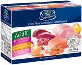 Dehner Premium Cibo umido per gatti, confezione multipla, gatti adulti, 4 pezzi ciascuno: agnello/tacchino/salmone, 12 sacchetti x 100 g (1,2 kg)
