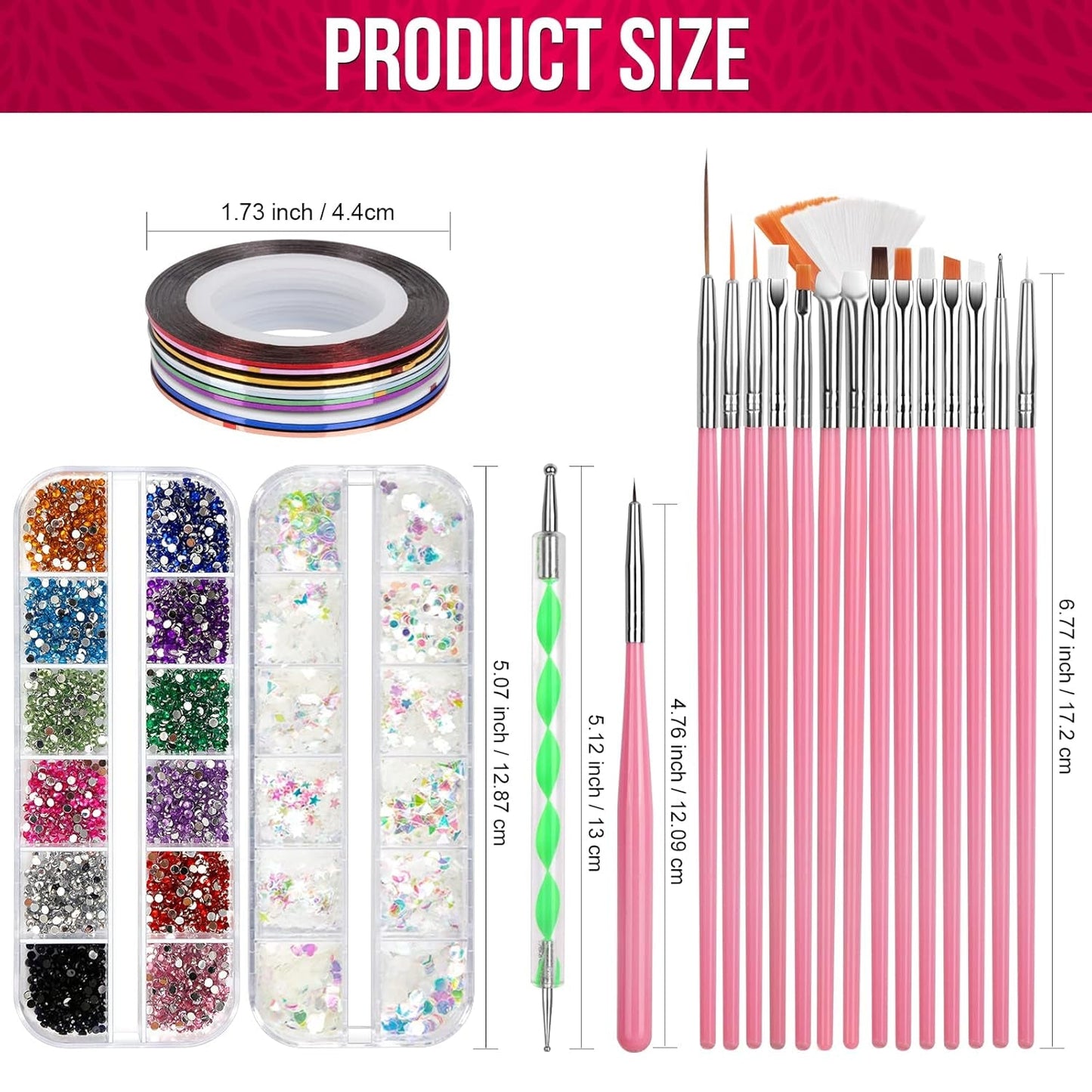 FANDAMEI Set di pennelli per nail art, 15 pezzi di pinsel per gel Nägel Nagel Pinsel, 5 pezzi di penna a pois, 10 rotoli di nastro adesivo, strasssteine ​​​​Nägel, ultra dünn Nagel Paillettes per nail art Maniküre Set
