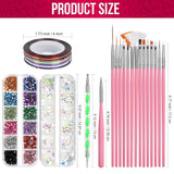 FANDAMEI Set di pennelli per nail art, 15 pezzi di pinsel per gel Nägel Nagel Pinsel, 5 pezzi di penna a pois, 10 rotoli di nastro adesivo, strasssteine ​​​​Nägel, ultra dünn Nagel Paillettes per nail art Maniküre Set
