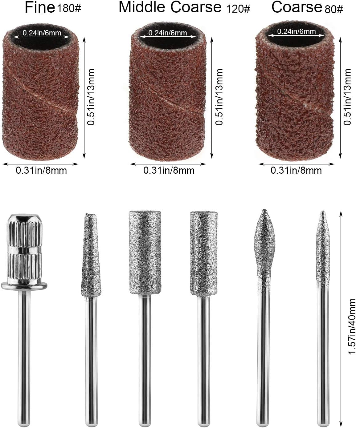 MWOOT Punte diamantate per unghie per lime per unghie elettriche con manicotti abrasivi Fasce abrasive Punte per unghie Accessori per unghie artificiali Rimozione cuticole