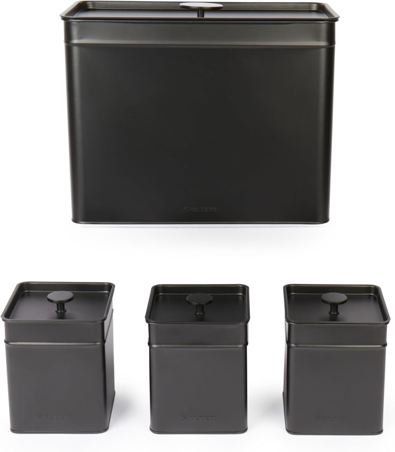 Salter BW12614EU7 Set contenitori Kuro - 4 contenitori da cucina Scatole organizer quadrate per pane/tè/caffè/zucchero, facili da pulire, per conservare gli alimenti freschi Scatole nere per alimenti Naty Shop