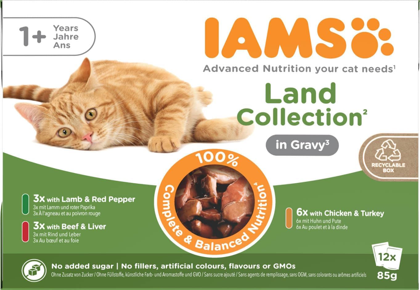 IAMS Delights Land Collection Cibo umido per gatti - Confezione multipla con varietà di carne (agnello, manzo, pollo e tacchino) in salsa, cibo umido per gatti da 1 anno, 12 x 85g