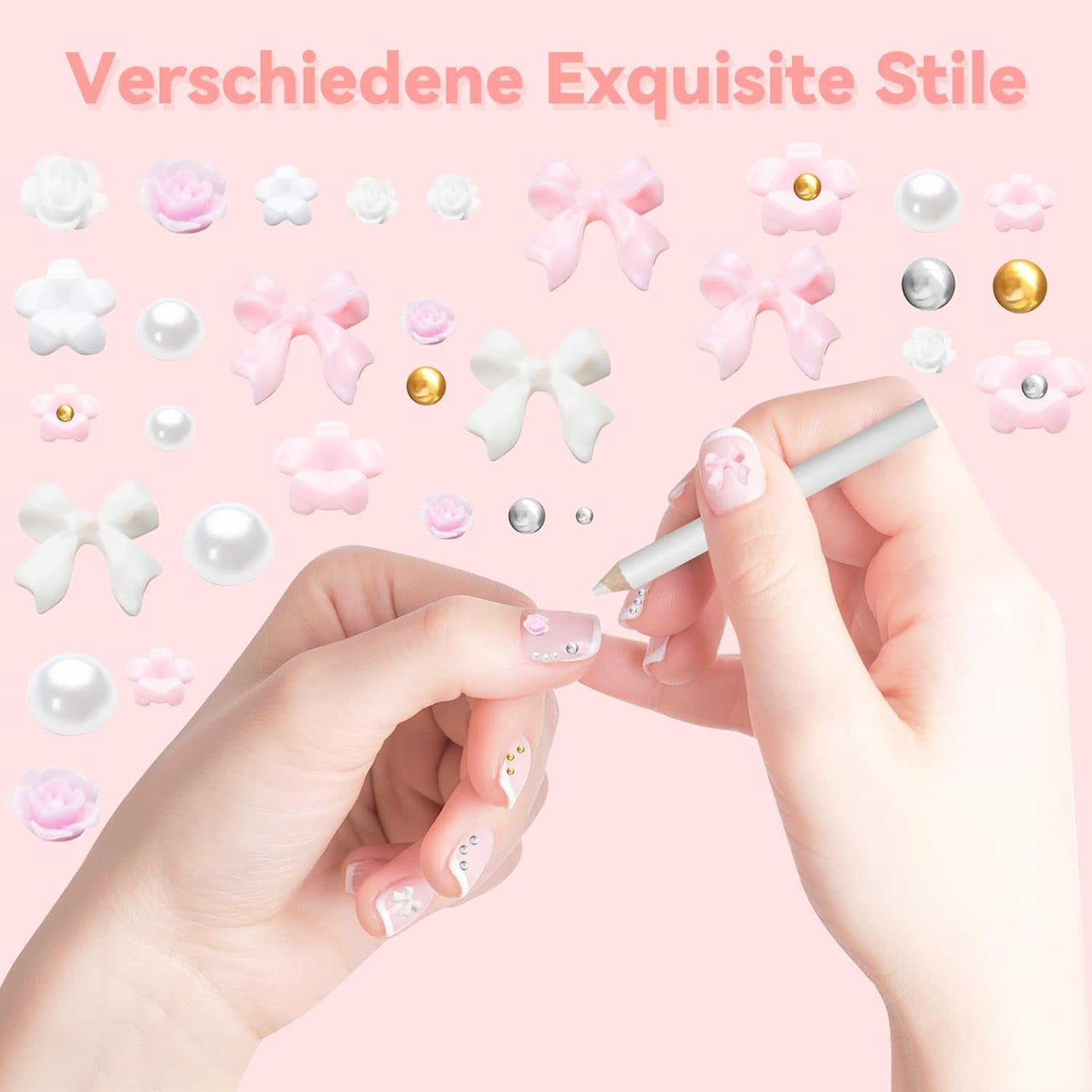 Ciondoli per unghie 3D, Ciondoli per nail art Schleifen, Blumen Und Perlen, Nagel Charms Aus Harz, Set di decorazioni per unghie, Ciondoli fai da te Nägel, Nagelanhänger