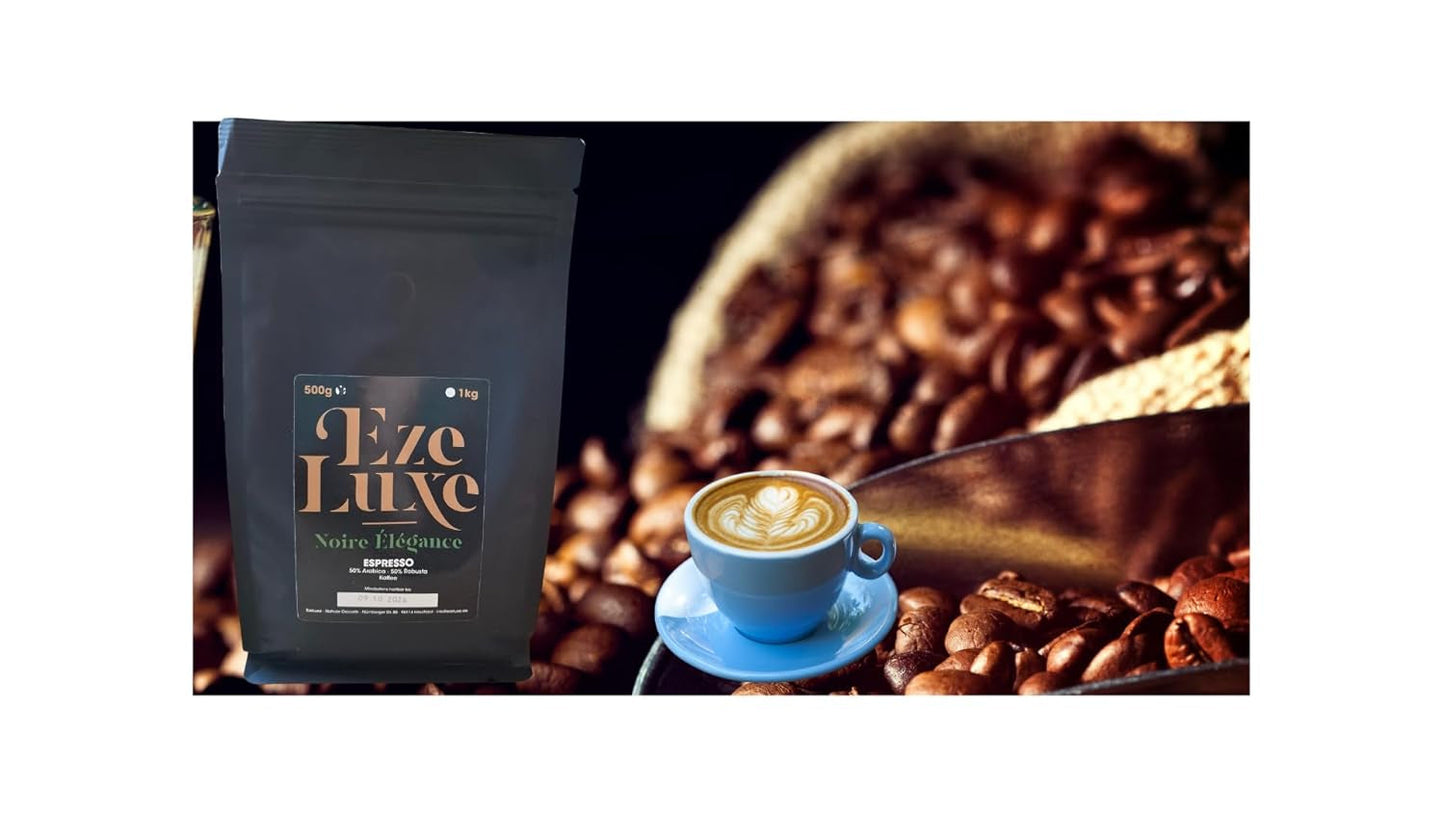 Caffè Espresso Noire Elegance 500g – 50% Arabica e 50% Robusta dal Brasile e dall'India – tostatura media, forte e cremoso con cioccolato fondente – intensità 8 – incl. macchina per caffè espresso gratuita