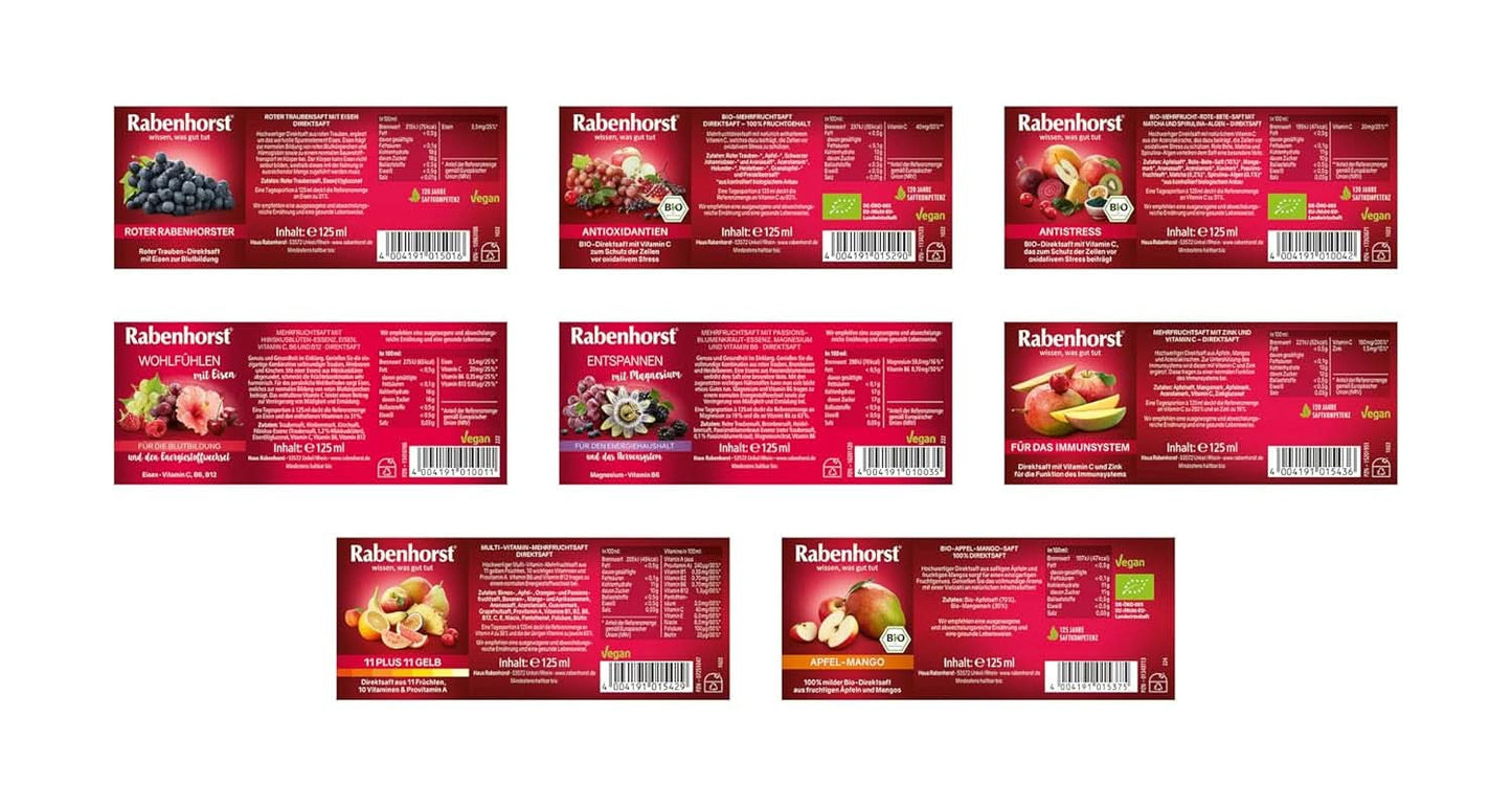 Mini pacchetto degustazione Rabenhorst, 8 varietà o 3 bottiglie (24 X 125 ml) Bevande analcoliche Naty Shop