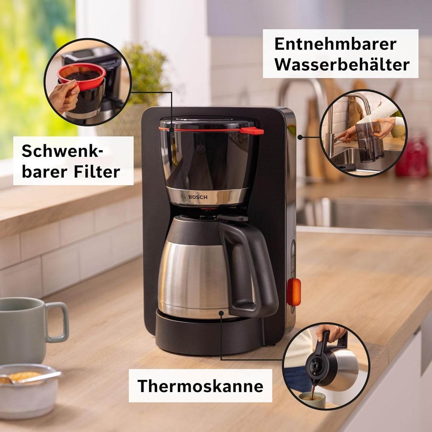 Bosch MyMoment TKA6M273 Macchina per caffè espresso con filtro, caraffa termica da 1 litro, 8-12 tazze, sistema antigoccia, portafiltro rotante, programma di decalcificazione, serbatoio acqua removibile, 1200 Watt, nero opaco