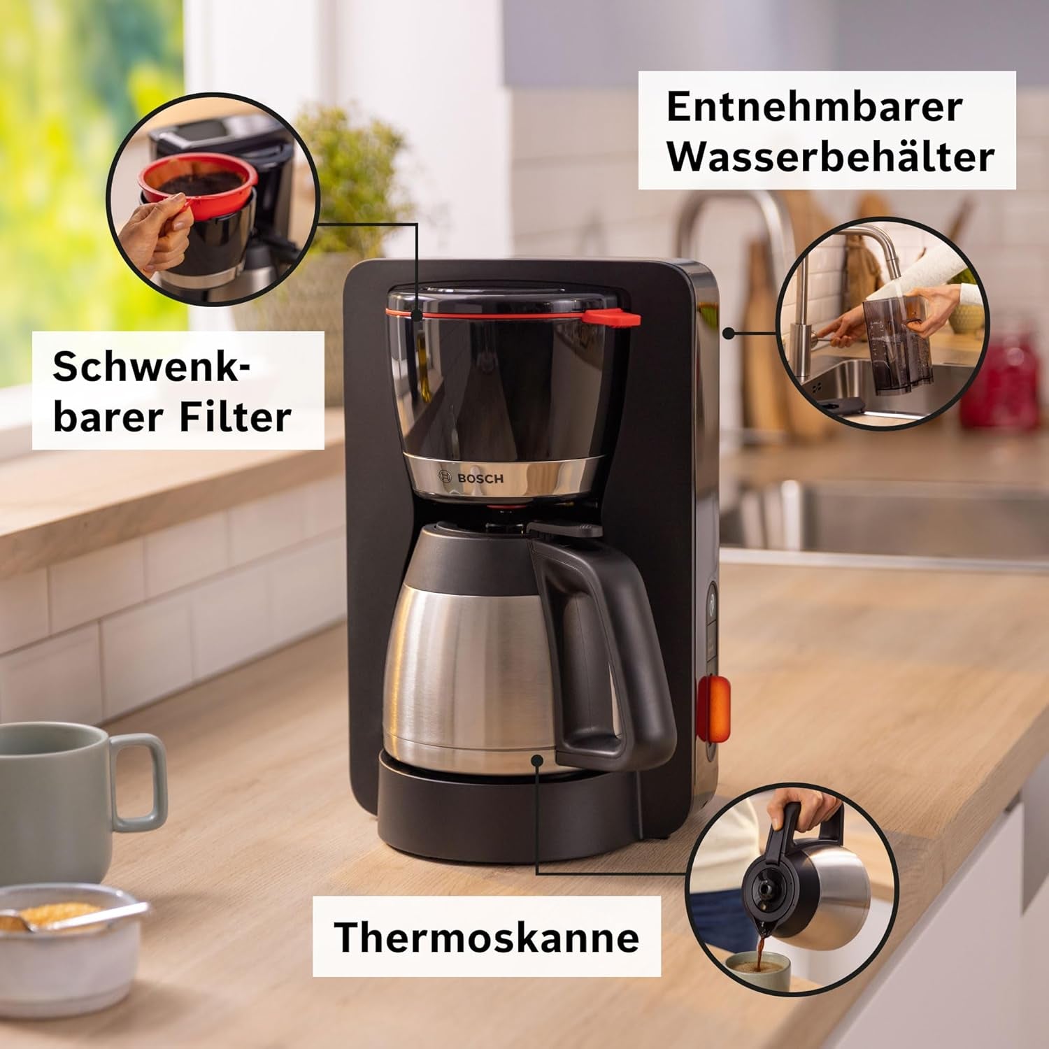 Bosch MyMoment TKA6M273 Macchina per caffè espresso con filtro, caraffa termica da 1 litro, 8-12 tazze, sistema antigoccia, portafiltro rotante, programma di decalcificazione, serbatoio acqua removibile, 1200 Watt, nero opaco