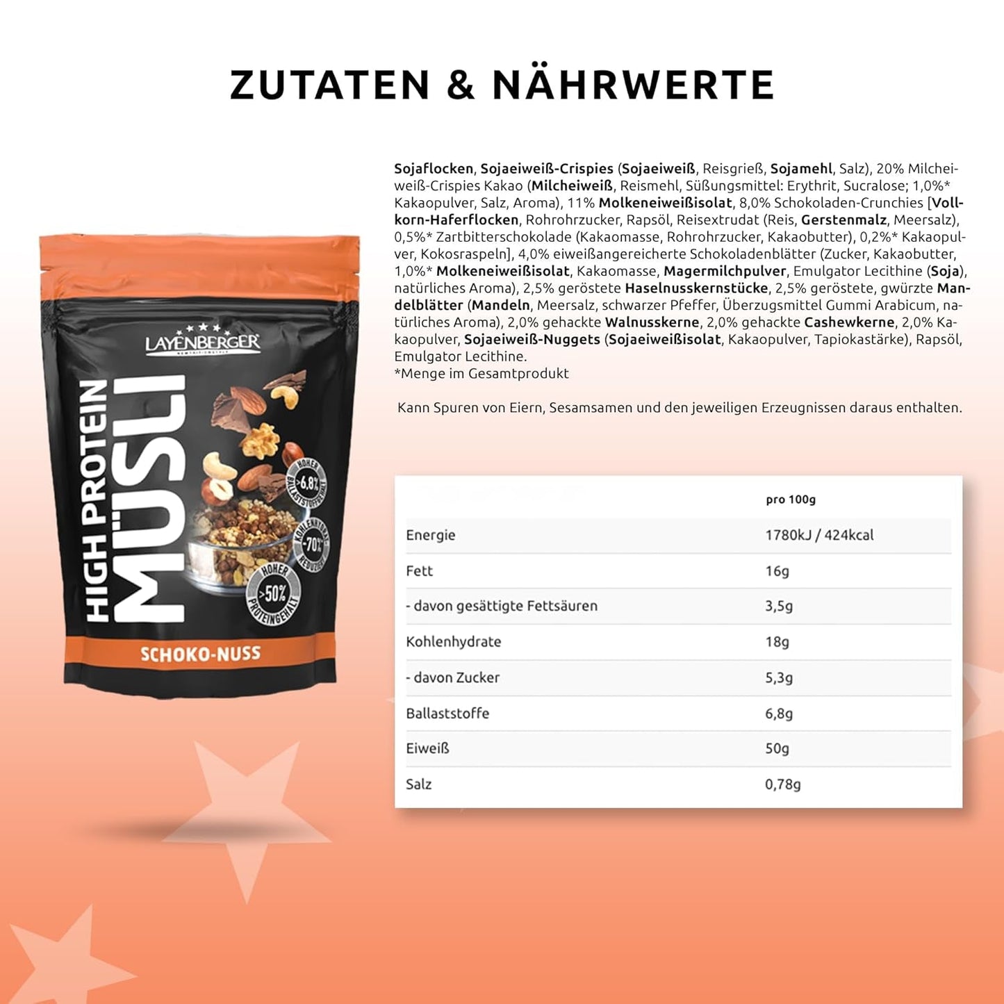 Layenberger Muesli ad alto contenuto proteico 3K, 50% Eiweiß e 18% Kohlenidrato - Confezione singola (1X 390 G) - Schoko-Nuss Cereale Naty Shop
