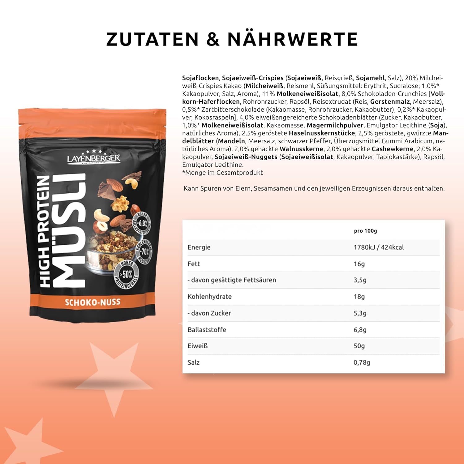 Layenberger Muesli ad alto contenuto proteico 3K, 50% Eiweiß e 18% Kohlenidrato - Confezione singola (1X 390 G) - Schoko-Nuss Cereale Naty Shop