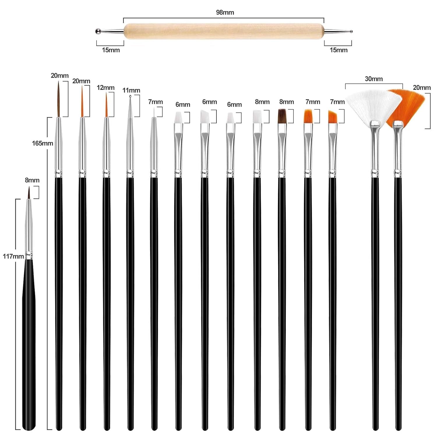 Hanyousheng Set di 20 pezzi di pinsel per nail art, 15 pezzi di pinsel per nail art, 5 pezzi di strumenti per punteggiare nail art per design di nail art fai da te