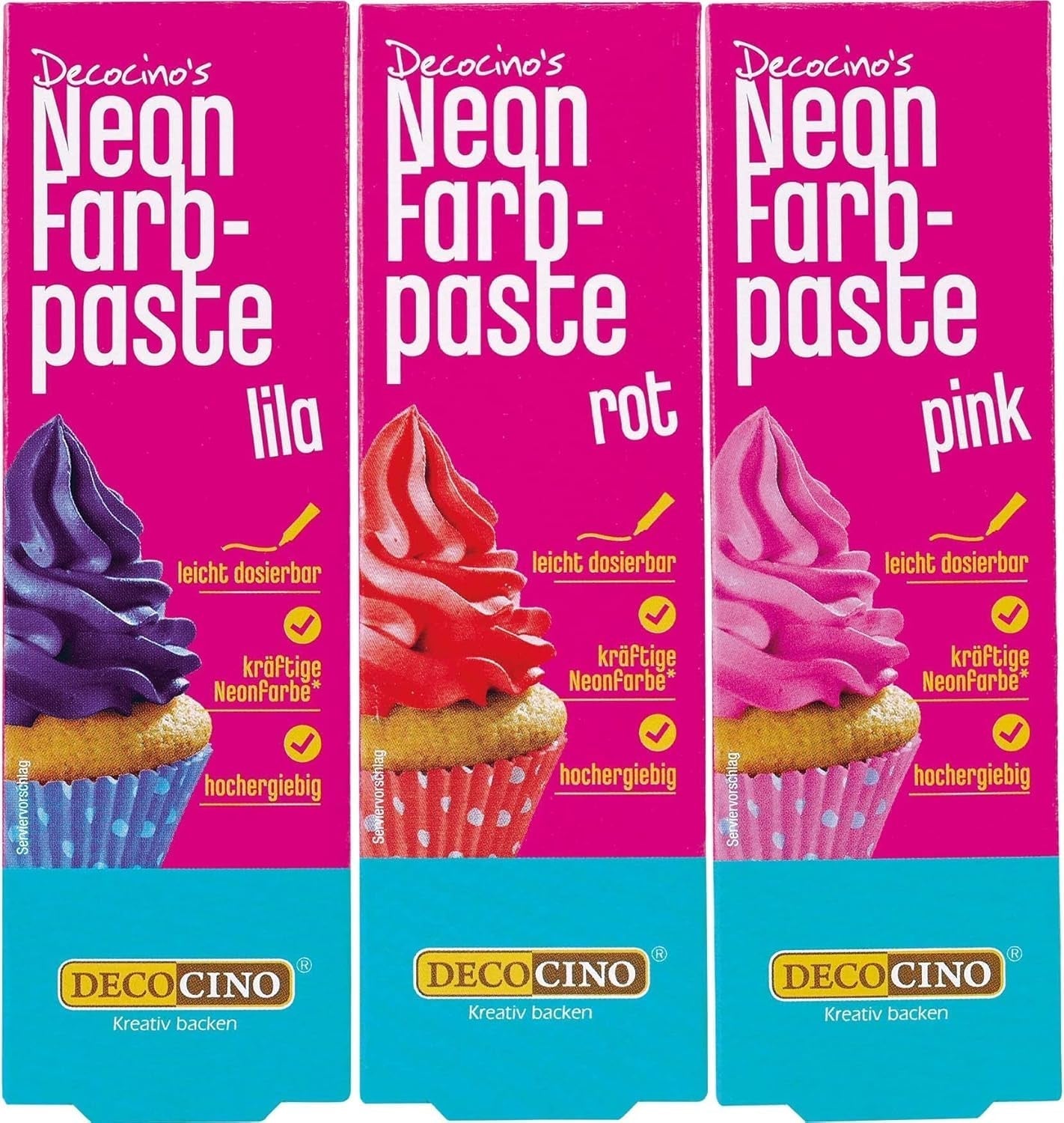 Decocino Set coloranti alimentari al neon - 3 pezzi - Rosso, rosa, viola - Colorante alimentare ad alto dosaggio - Per colorare torte, muffin, cupcake - Senza gusto