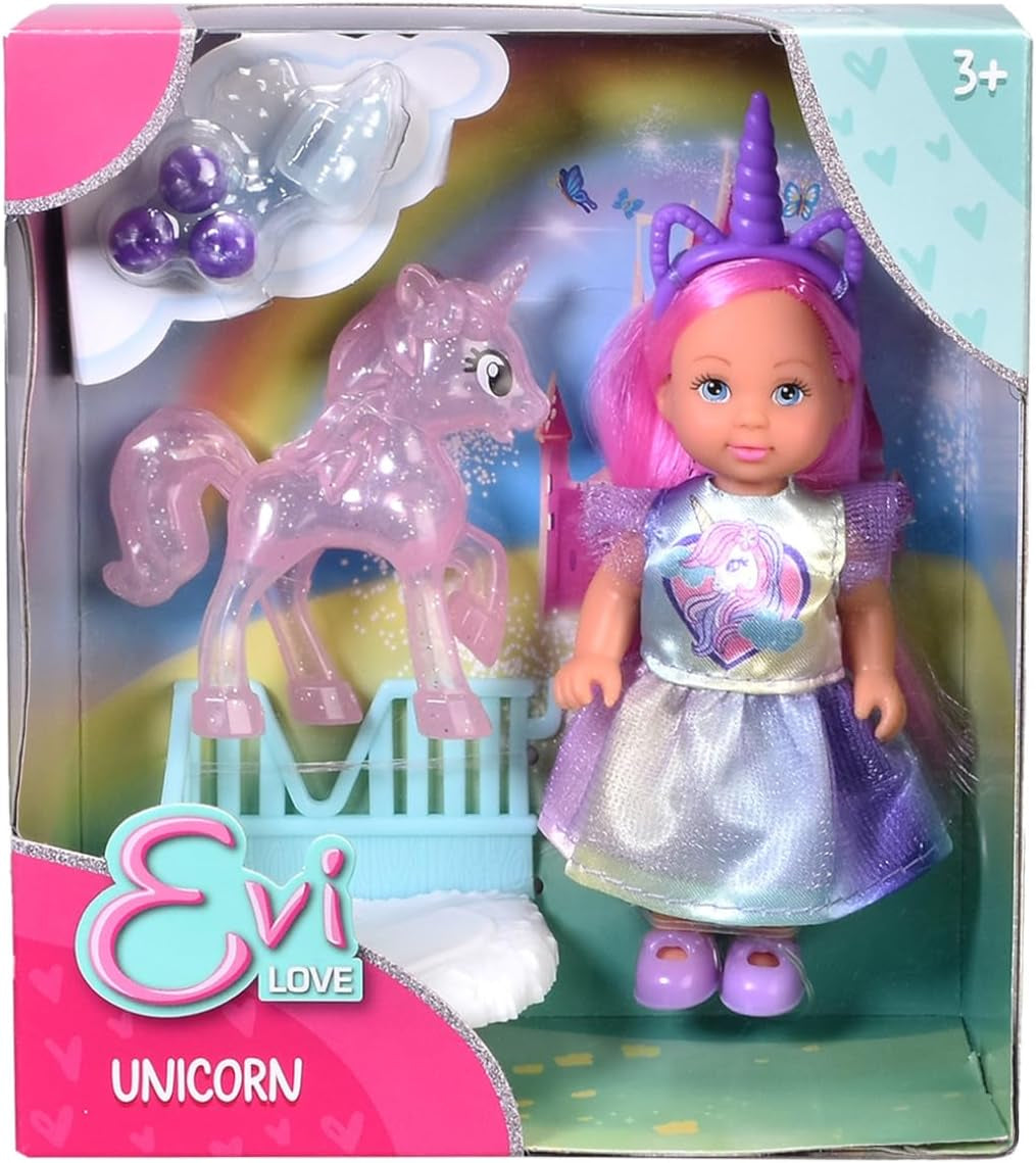 Simba Evi Love Unicorn Play Doll che indossa un grazioso vestito da unicorno con fascia abbinata, incluso un unicorno con stalla, mele e una bottiglia per bere, 12 cm, dai 3 anni in su