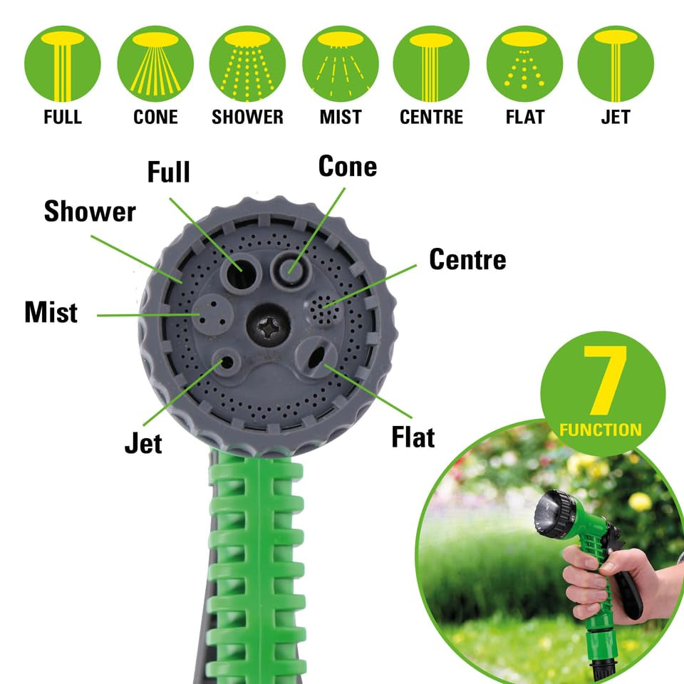 Tubo da giardino flessibile Kinzo 20 m - incl. Accessorio per tubo flessibile - Tubo flessibile con testina di spruzzo con 7 posizioni di spruzzo - Plastica - Verde/Grigio