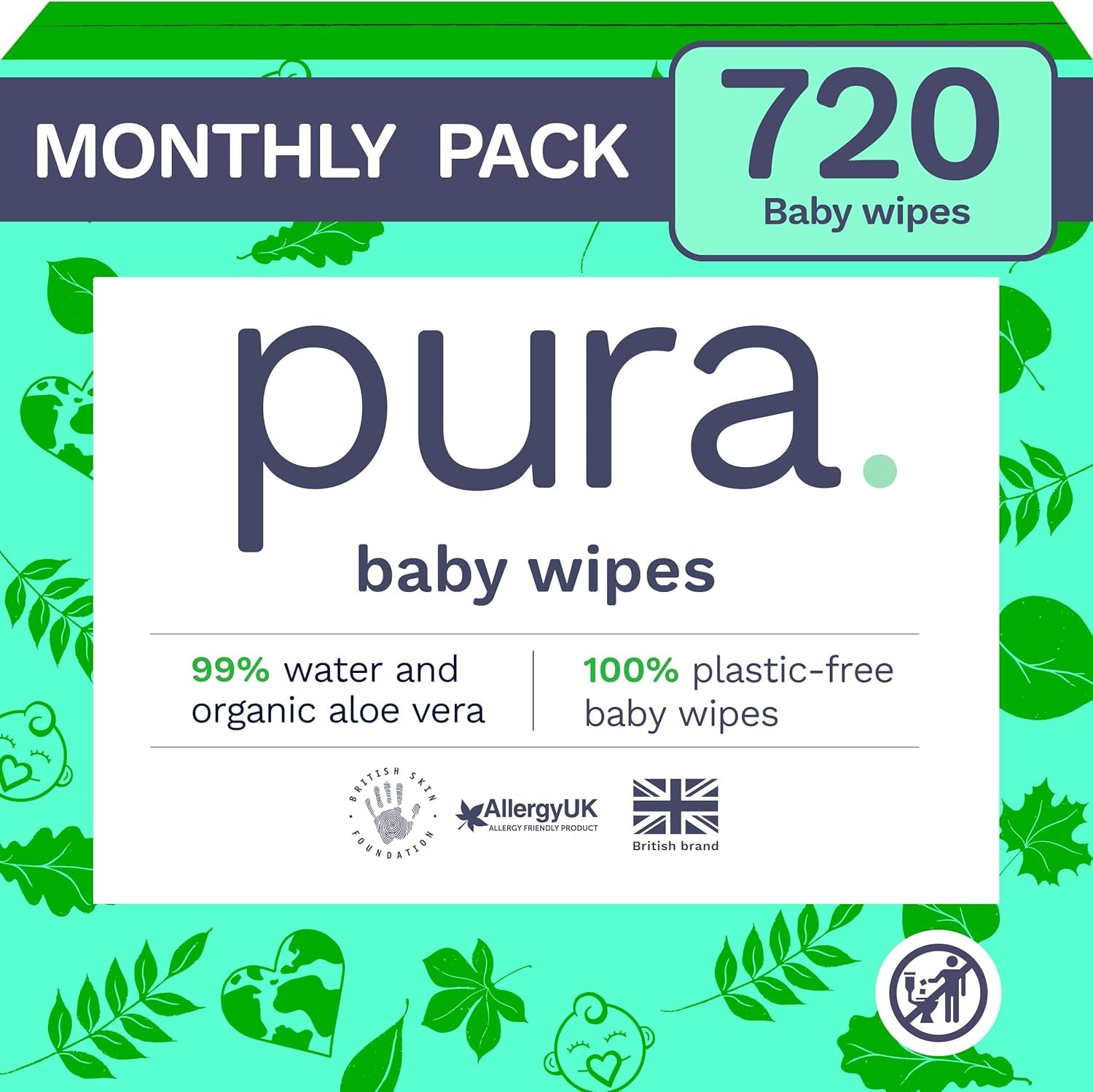 Salviette usa e getta ecologiche per la pelle sensibile del bambino 70 salviette (1 confezione) 99% acqua 100% senza plastica per pelle sensibile incline all'eczema Neonato biodegradabile Vegan