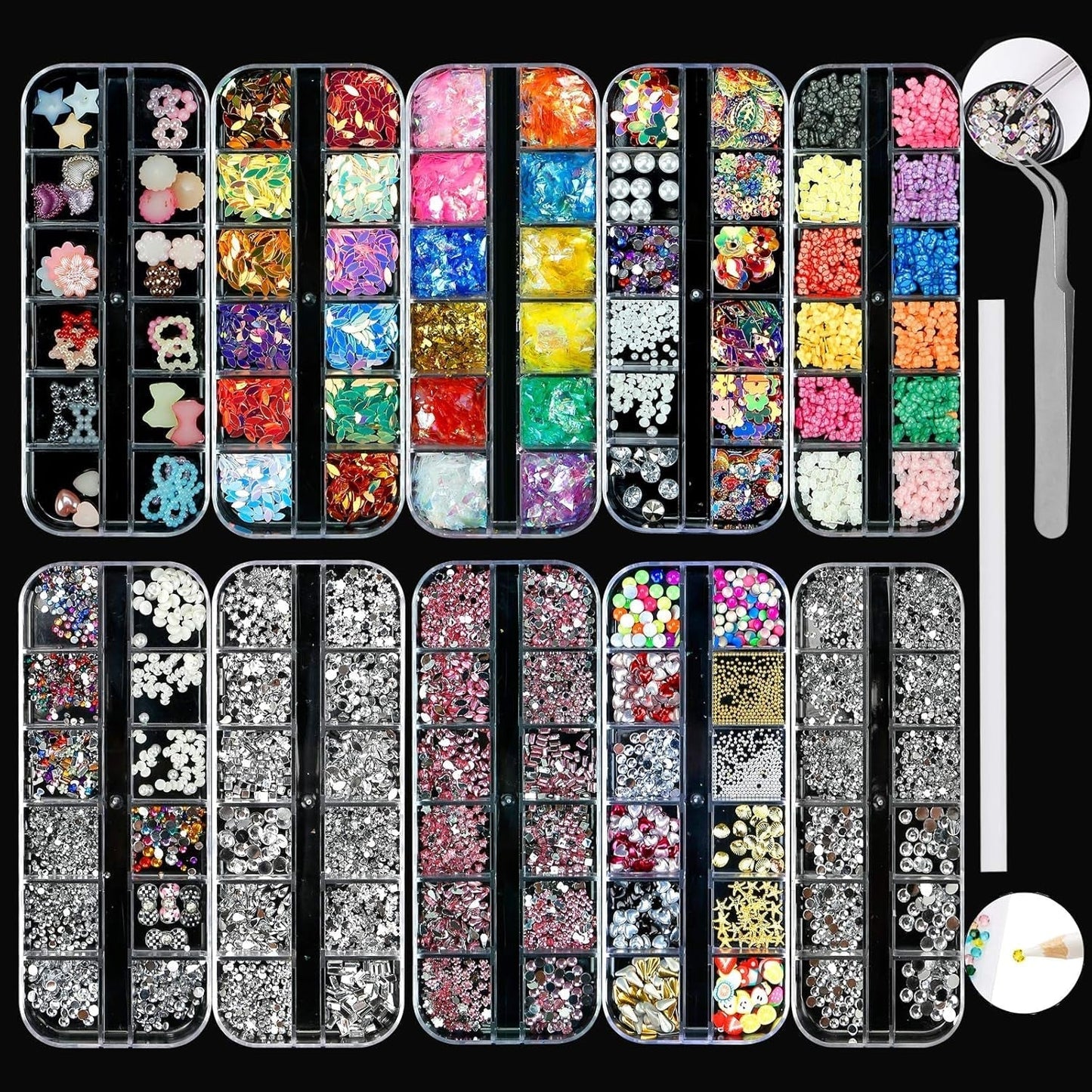 Kit di strass per unghie da 10 scatole, accessori multifunzionali con 1 pinzetta, diamanti decorativi, cristalli, perle, gemme, colorati, misti, occhi di cavallo, pietre metalliche, per decorazioni nail art fai da te