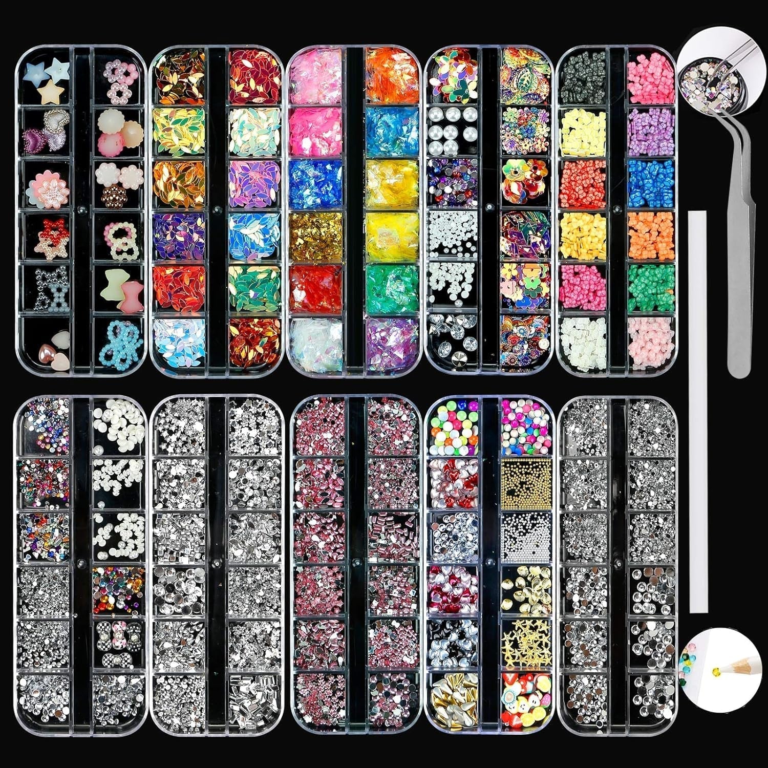 Kit di strass per unghie da 10 scatole, accessori multifunzionali con 1 pinzetta, diamanti decorativi, cristalli, perle, gemme, colorati, misti, occhi di cavallo, pietre metalliche, per decorazioni nail art fai da te