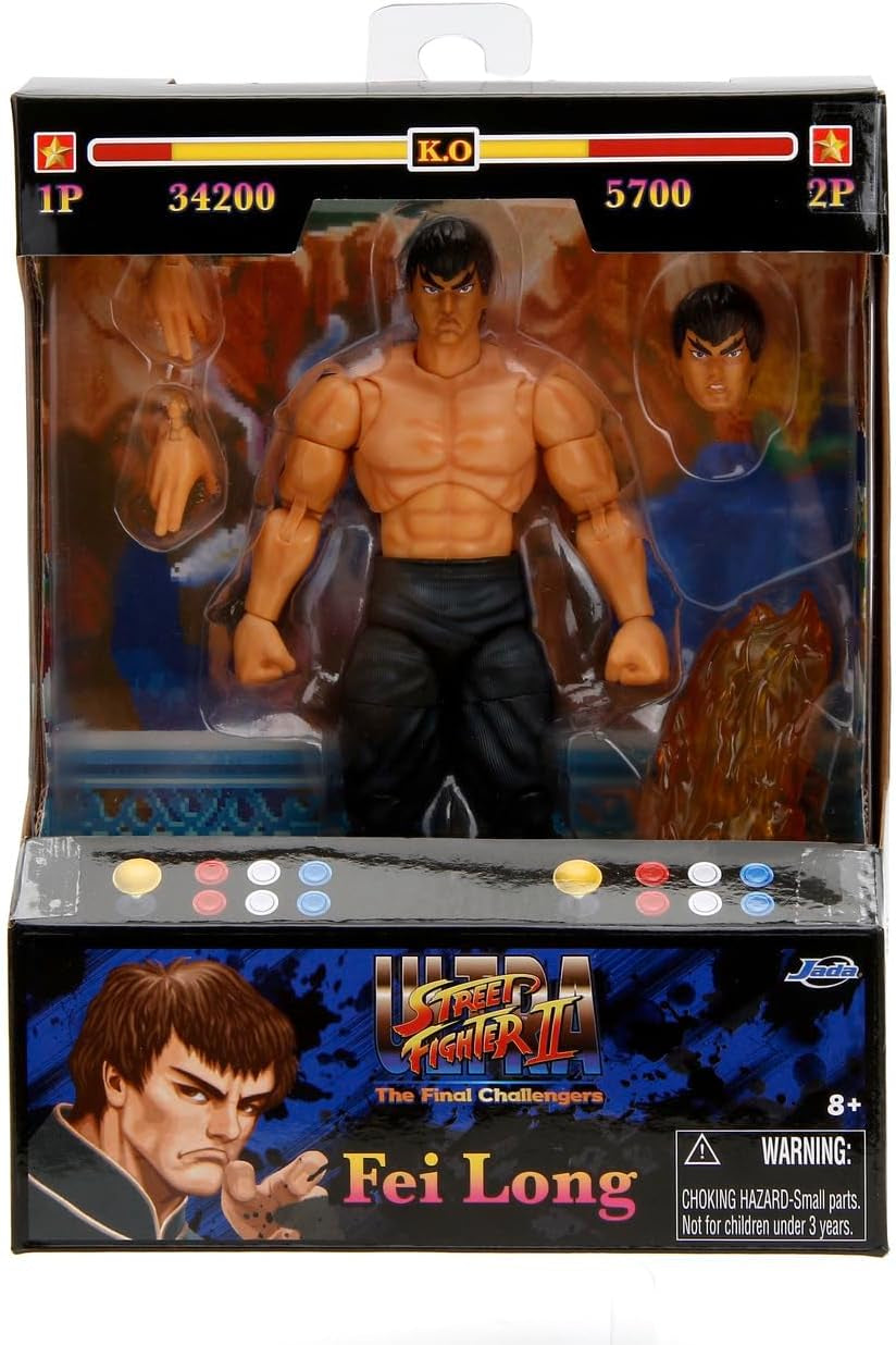 Jada Toys Street Fighter Figure Guile (15 cm) - Street Fighter 2: The Final Challengers Action Figure Mobili da Collezione con Testa Alternata, Mani e Accessori, Action Figures di età 13+ Naty Shop Fei-Long