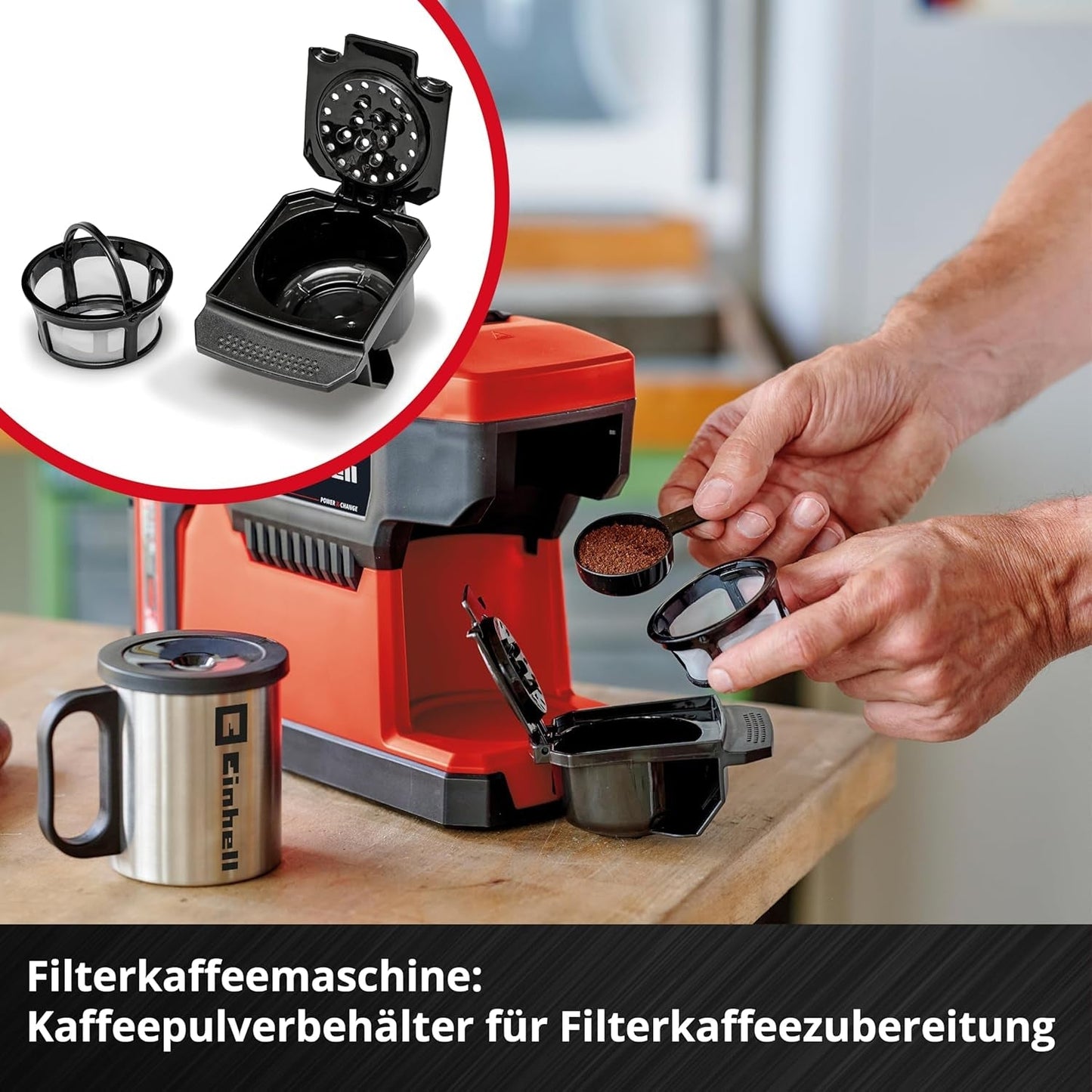 Macchina per caffè espresso a batteria Einhell TE-CF 18 Li-Solo Power X-Change (18 V, serbatoio dell'acqua da 240 ml, per caffè filtro e capsule di caffè, maniglia per il trasporto, inclusa tazza di caffè con coperchio, senza batteria)