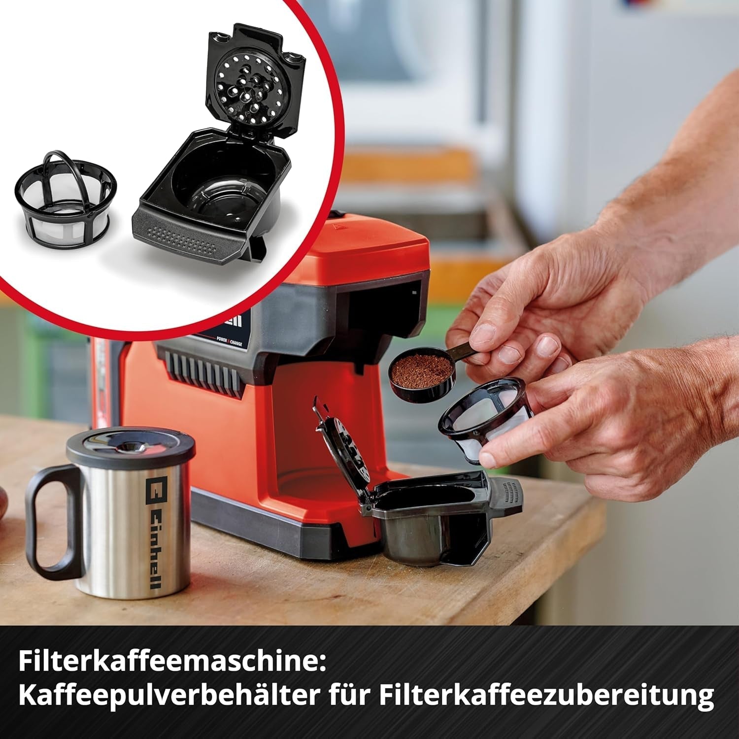 Macchina per caffè espresso a batteria Einhell TE-CF 18 Li-Solo Power X-Change (18 V, serbatoio dell'acqua da 240 ml, per caffè filtro e capsule di caffè, maniglia per il trasporto, inclusa tazza di caffè con coperchio, senza batteria)