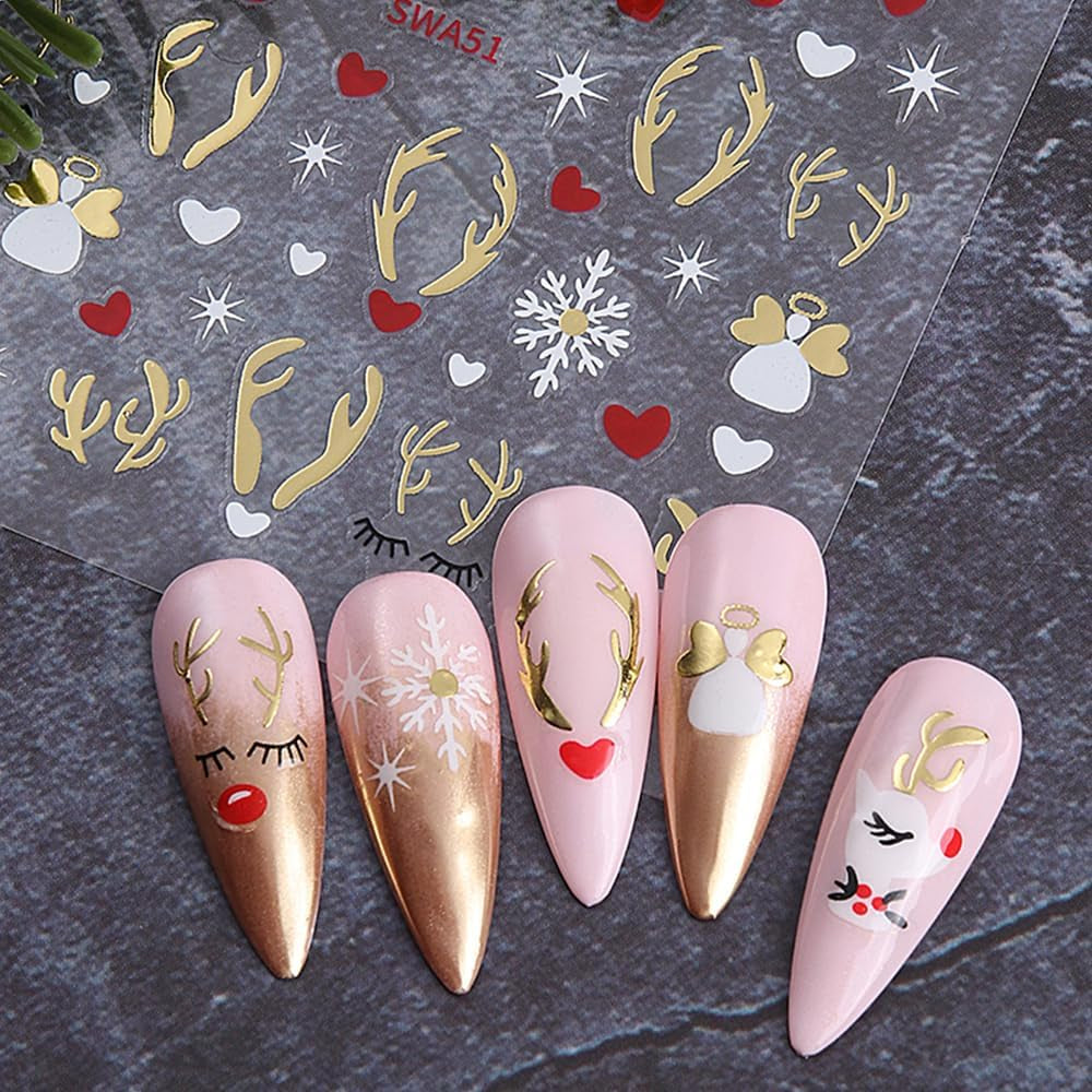 Adesivi per unghie con fiocchi di neve cartoni animati, Adesivi per unghie di Natale, Autoadesivi, Disegni per unghie di Natale, Nail art, Cervo, Fiocchi di neve, Adesivi per unghie di Natale, Accessori per unghie invernali