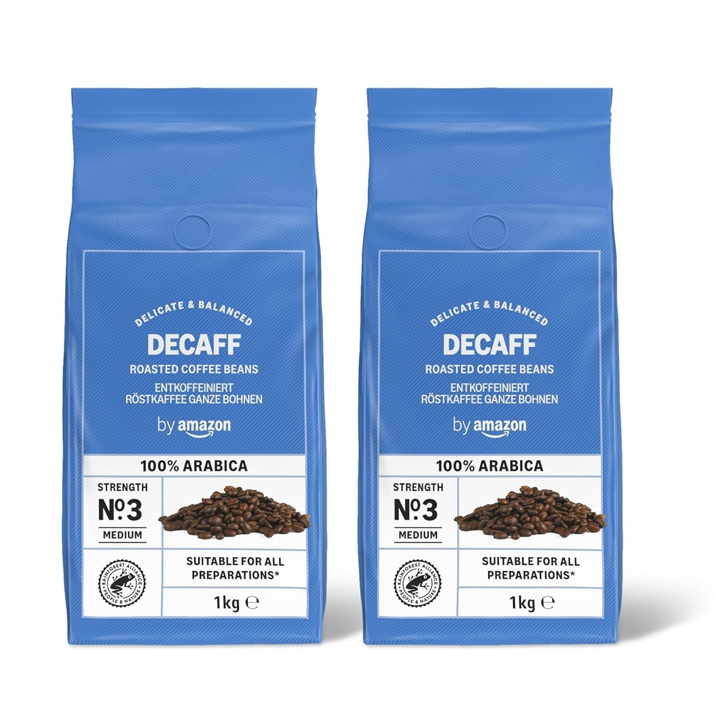 di Amazon Kaffeebohnen, entkoffeiniert, leggero Röstung, 2 kg (2 Packungen mit 1 kg), Rainforest Alliance zertifiziert