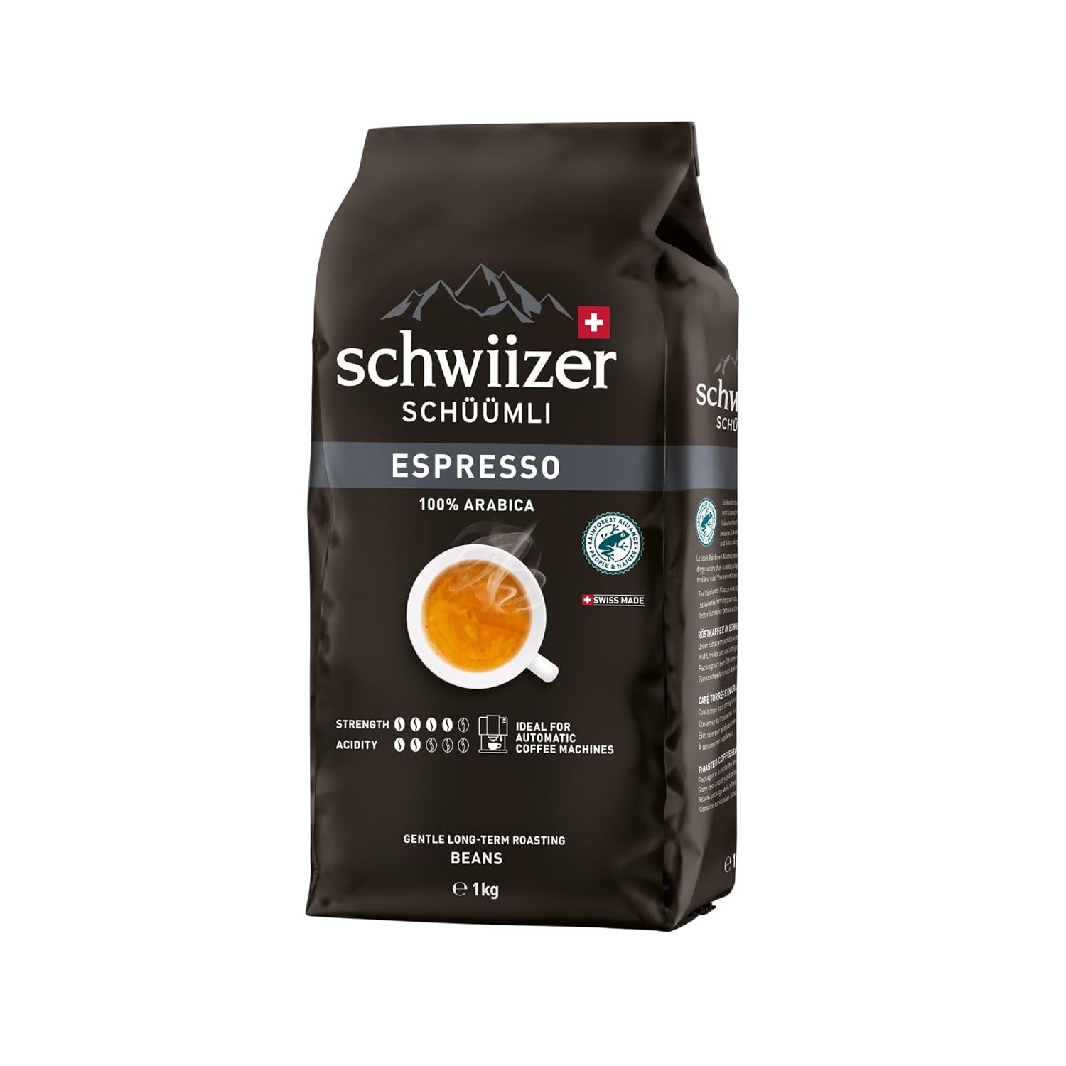 Schwiizer Schüümli Espresso, caffè in grani 100% Arabica, forte e intenso, ideale per macchine espresso automatiche, forza 4/5, tostatura media, Rainforest Alliance, 1kg
