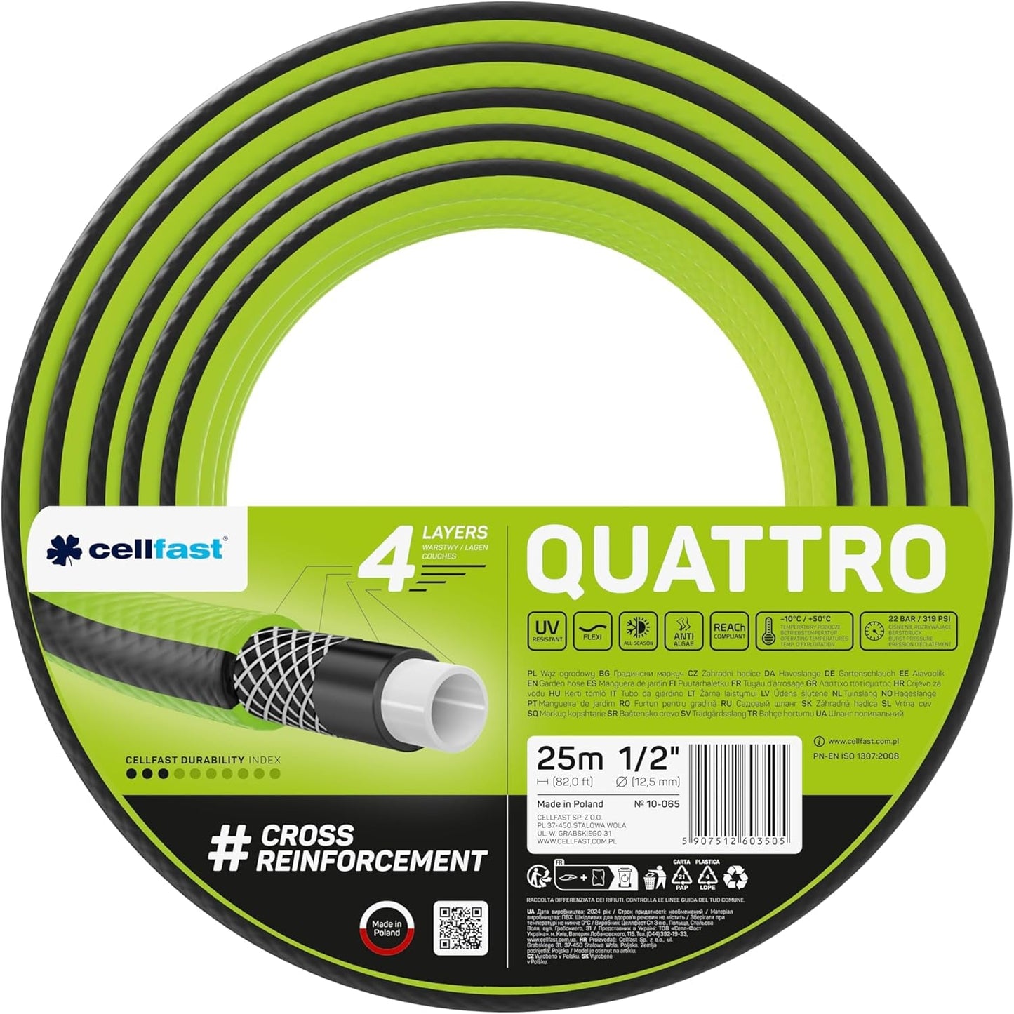 Tubo da giardino Cellfast QUATTRO Tubo flessibile da giardino durevole e leggero a 4 strati resistente ai raggi UV con treccia incrociata 20 Bar 3/4" 15 m 10-074
