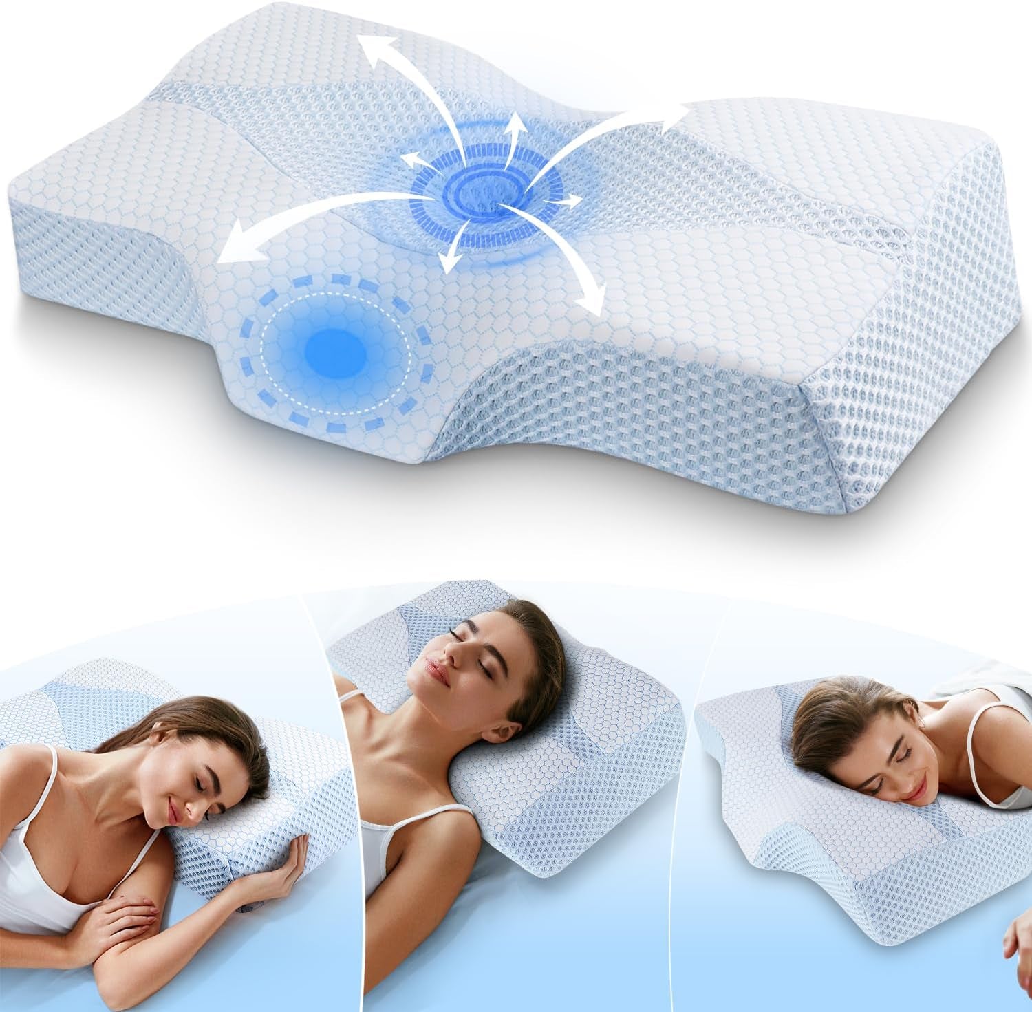 Cuscino per il collo in memory foam Cuscino ortopedico ergonomico per dolori al collo e alle spalle - Cuscino rinfrescante per chi dorme sul fianco, sulla schiena e sullo stomaco con supporto per il collo Cuscini ortopedici cervicali Naty Shop 01-Blau(63.5Cm*40.6Cm*10.7/13.2Cm) Blau Weiss(63.5Cm*40.6Cm*10.7/13.2Cm)