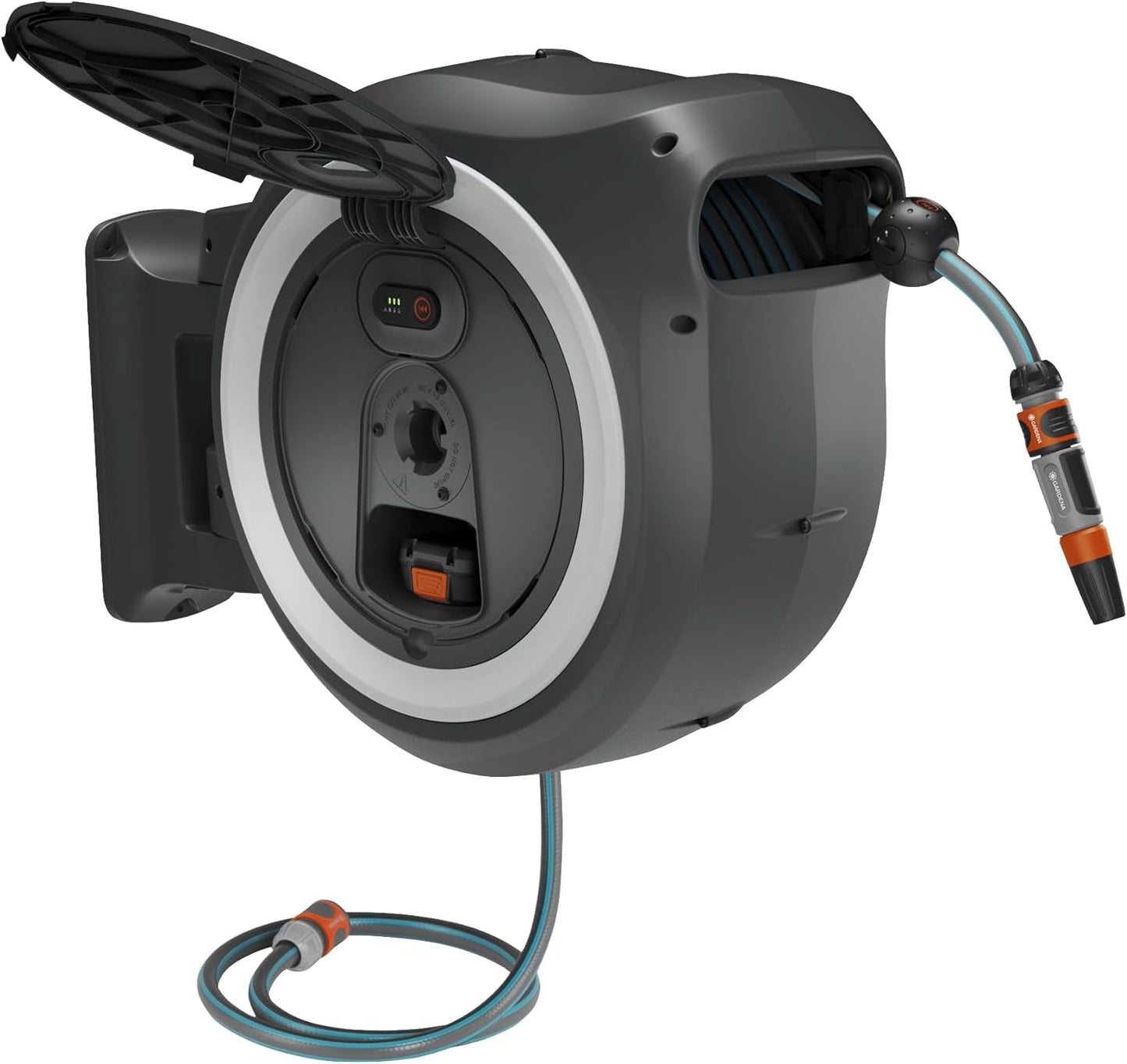 Gardena PowerRoll XXL Solo - Scatola portagomma a parete senza fili: avvolgitubo automatico con tubo da giardino da 40 m, guida tubo e RollControl, alimentato a batteria, resistente ai raggi UV e al gelo (18647-55)