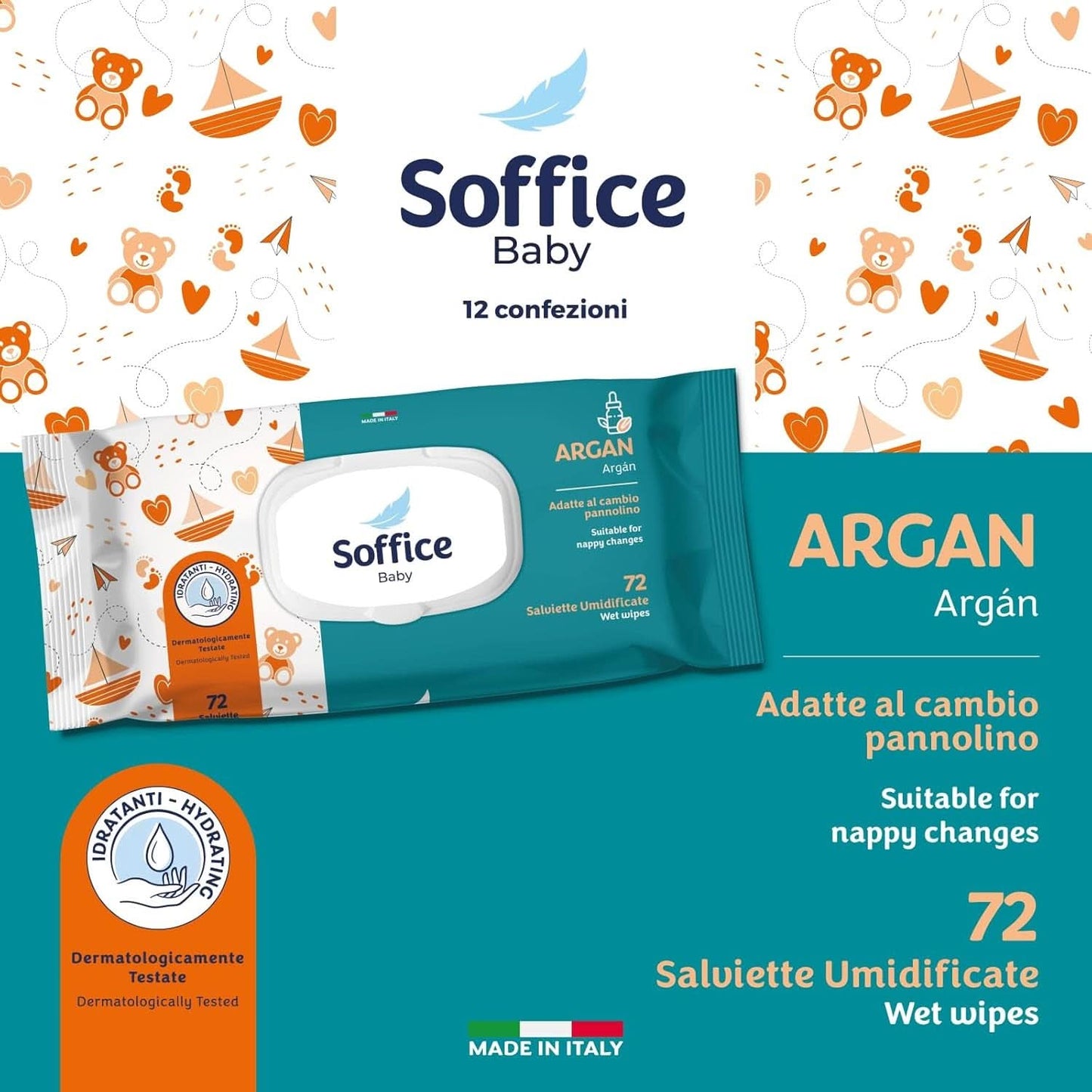 Feuchttücher für Neugeborene, 72 Stück, Pop-Up Argan – Zubehör und Produkte für Die Hygiene Des Babys, Ideal Für Diadelwechsel und Kindergarten – Baby Wipes Sanft und Reinigend – 12 Packungen Naty Shop