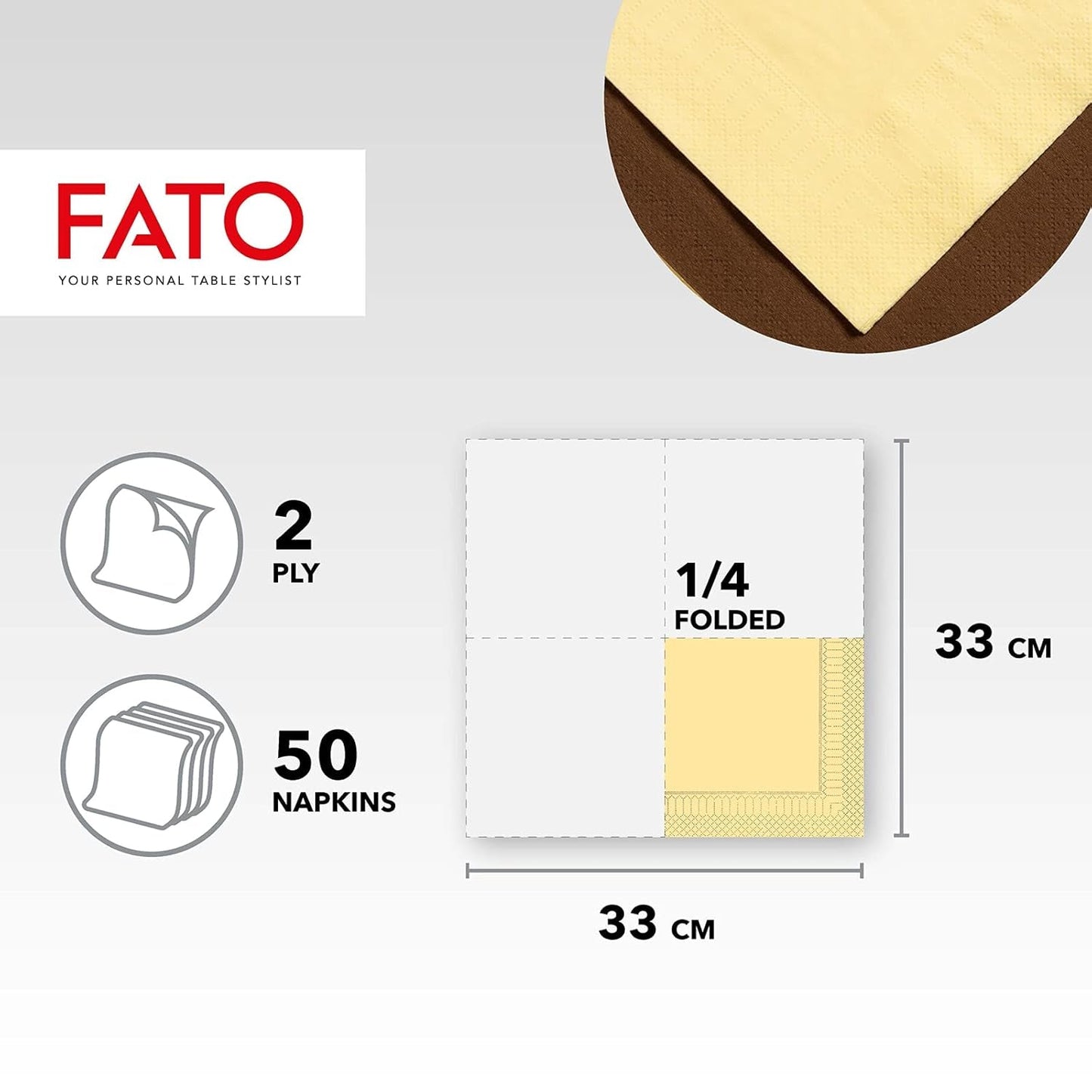 Fato - Tovaglioli di Carta Usa e Getta, Ideali per Pranzi Casual e Buffet, Confezione da 50 Tovaglioli, Misura 33X33, 4 Pieghe, 2 Veli, Colore Champagne, Carta 100% Pura Cellulosa, FSC
