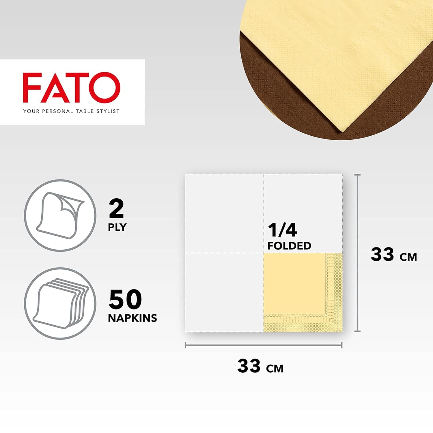 Fato - Tovaglioli di Carta Usa e Getta, Ideali per Pranzi Casual e Buffet, Confezione da 50 Tovaglioli, Misura 33X33, 4 Pieghe, 2 Veli, Colore Champagne, Carta 100% Pura Cellulosa, FSC