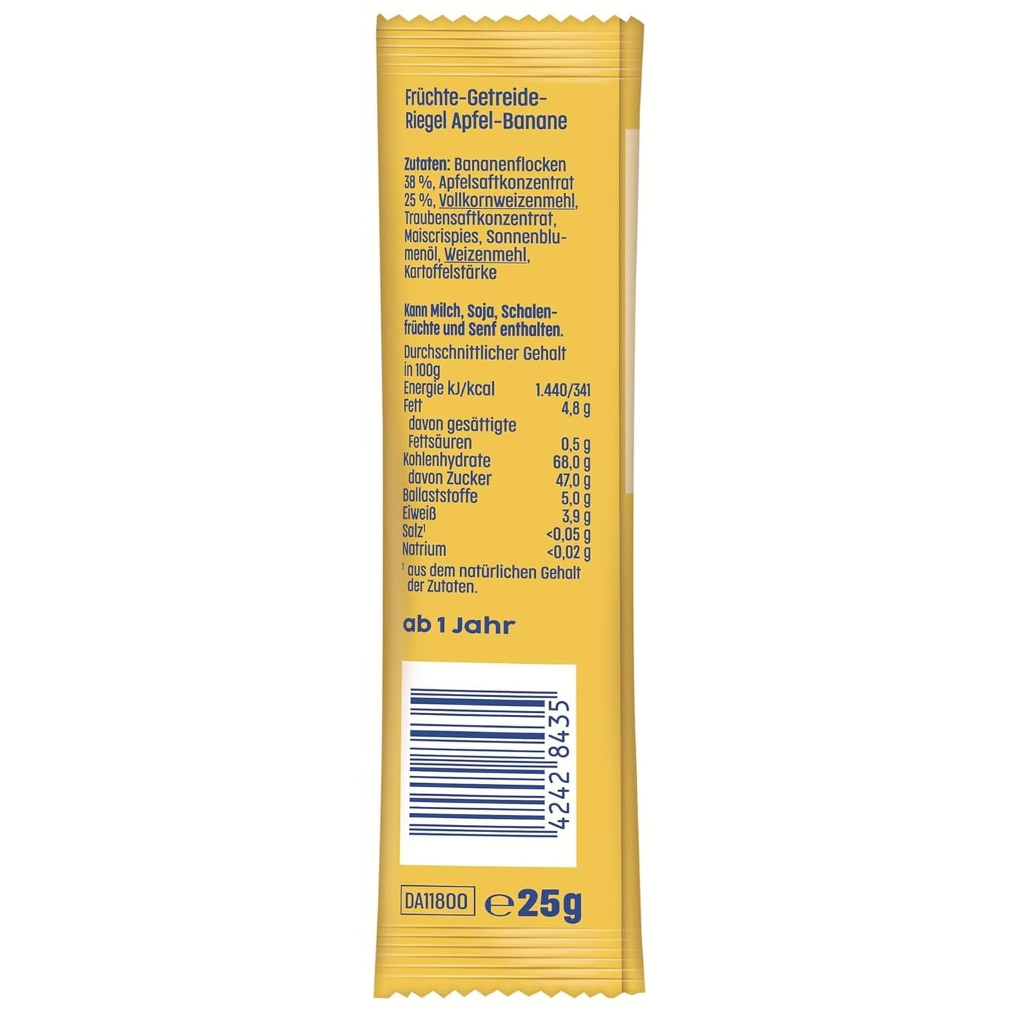 Barrette mela e banana (20 x 25g), dolcificate solo con frutta, perfetto spuntino fuori pasto, preparate con ingredienti rigorosamente controllati e selezionati.
