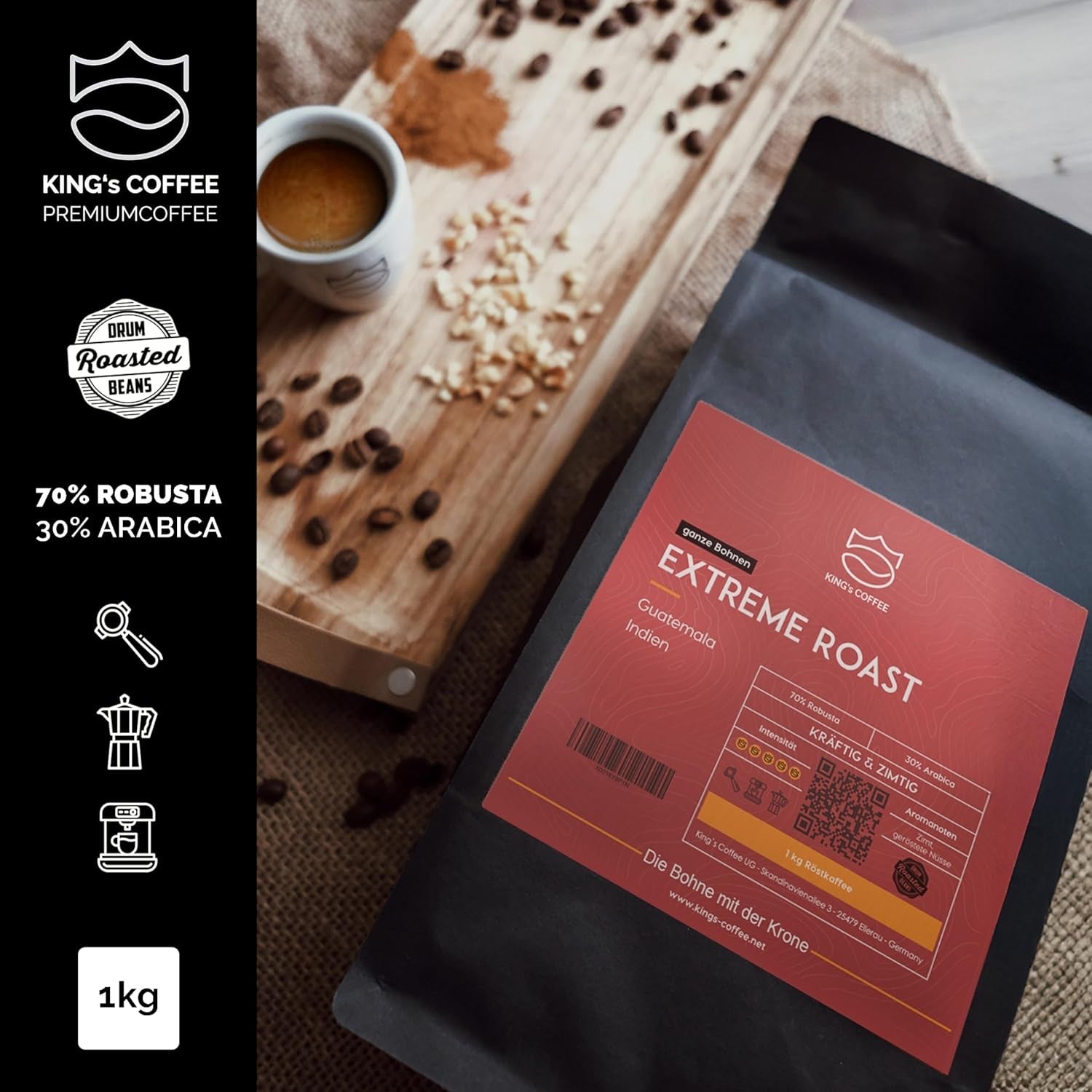 KING'S COFFEE - EXTREME ROAST - Espresso Intenso in grani - bassissima acidità - tostatura in piccoli lotti dall'Italia - caffè in grani per macchine completamente automatiche e macchine portafiltro - 1 kg