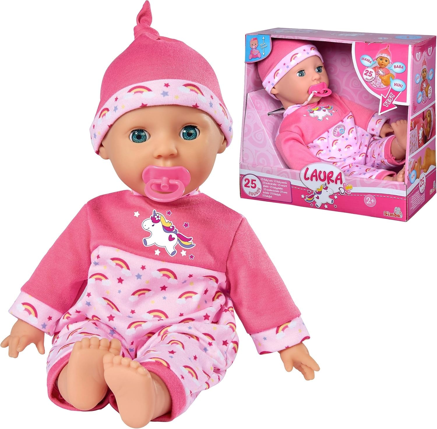 Simba 105140060 - Laura Tickle Baby Doll dal corpo morbido con materassino arcobaleno, emette 25 suoni da bambino, 38 cm, bambola da 2 anni in su