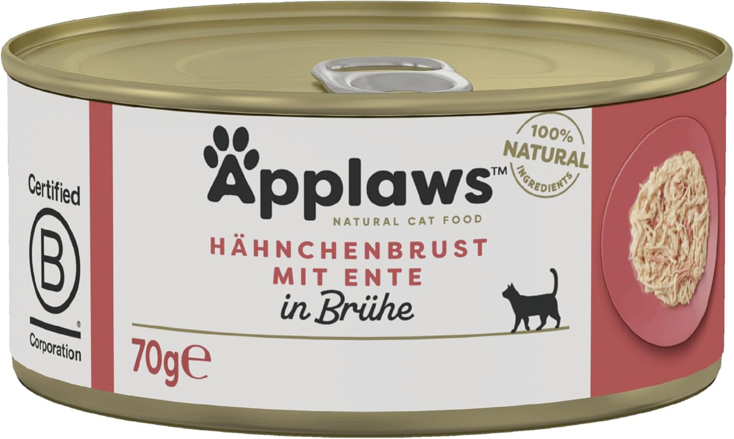 Applaws Alimento umido naturale premium per gatti, Pollo con Anatra in Zuppa, in Scatola 70g (24x70g)