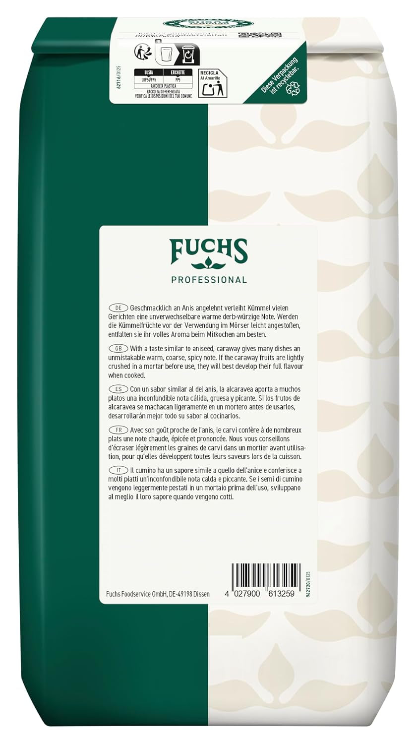 Fuchs Professional - Kümmel ganz | Ungemahlen, zum Würzen von Bratkartoffeln oder Krautgerichten | Profi-Qualität für Großverbraucher und Gastronomie | Sacco riciclabile da 1 kg