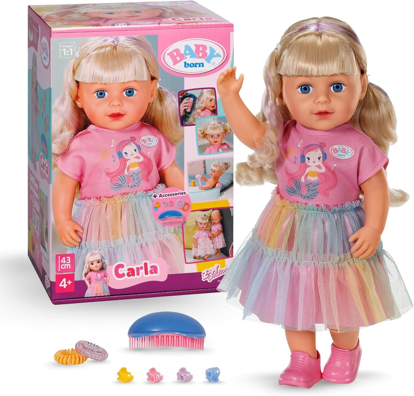 BABY nata Carla - bambola da 43 cm - capelli biondi con ciocche di alta qualità - non sono necessarie batterie - adatta per bambini dai 4 anni in su - include 7 accessori, rosa