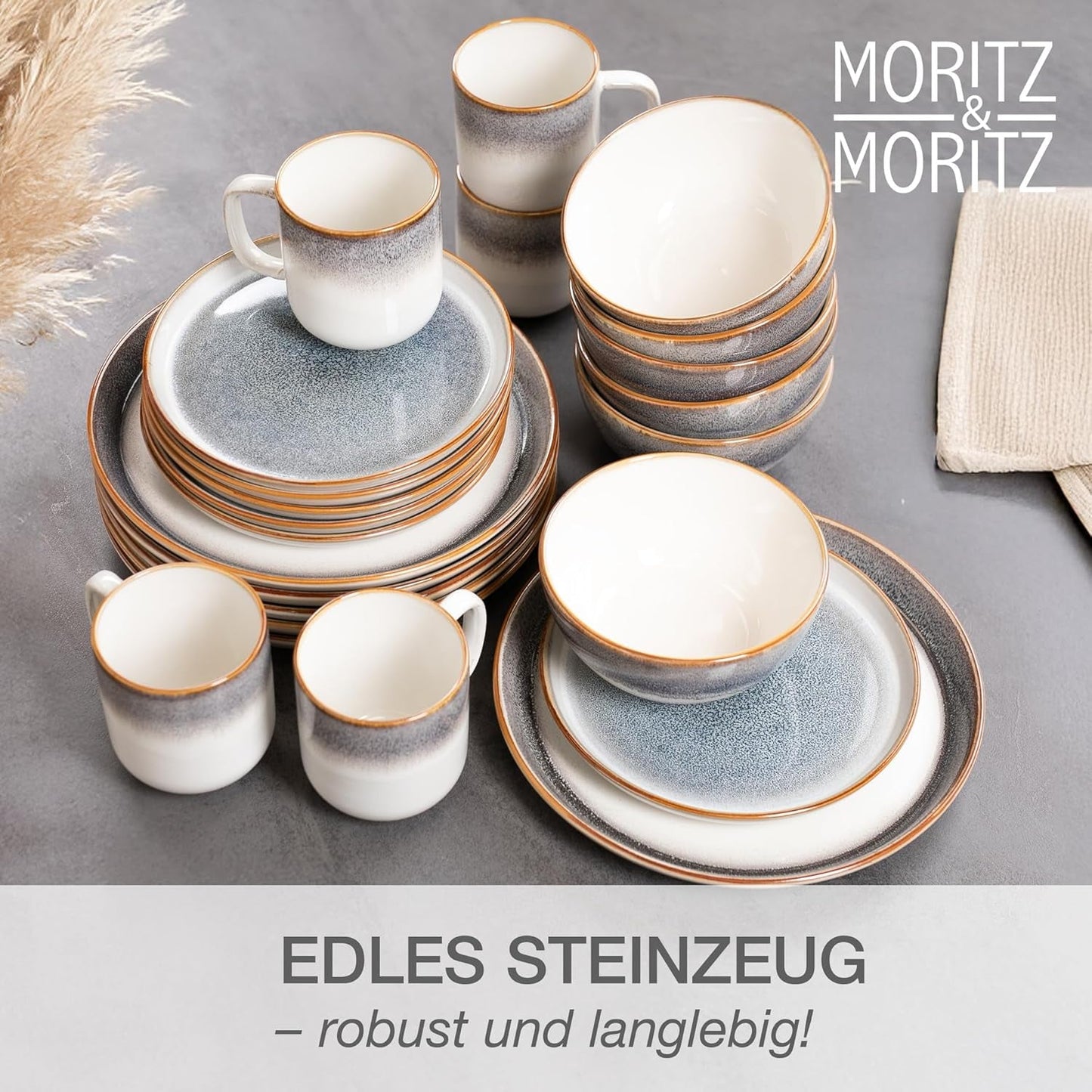 Moritz & Moritz TARENTO Servizio Piatti 24 Pezzi per 6, Grigio - Elegante Set di Piatti in Gres di Alta Qualità - Il set di stoviglie comprende 6 piatti piani, 6 piatti da dessert, 6 piatti piani e 6 tazze