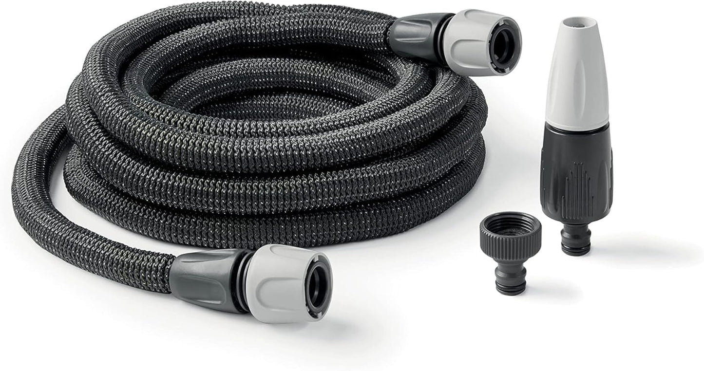 GF SRL, Aquapop Grey Easy 10, tubo trecciato autoestensibile da 10 metri, made in Italy, con mini spruzzatore e raccordi per irrigazione giardino, grigio scuro