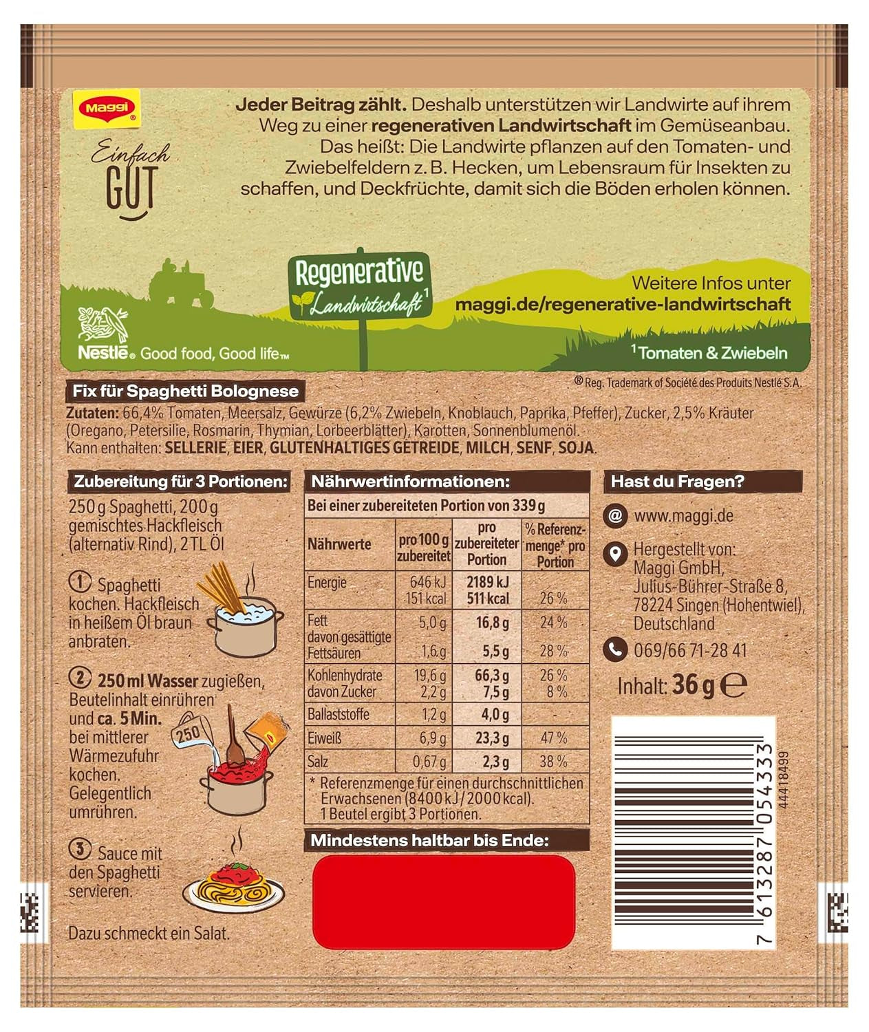 MAGGI Fix per spaghetti alla bolognese, Würzmischung, ingredienti naturali al 100%, per 3 porzioni, 1er Pack (1 x 36g Packung)